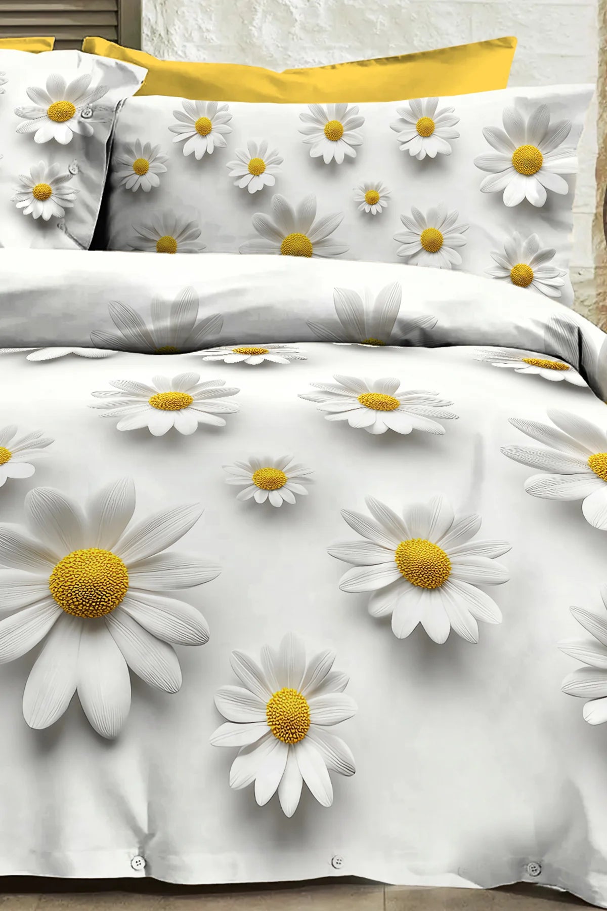 %100 Pamuk Percale Çeyizlik Luxury 5D Dijital Çift Kişilik Nevresim Takımı Papatya