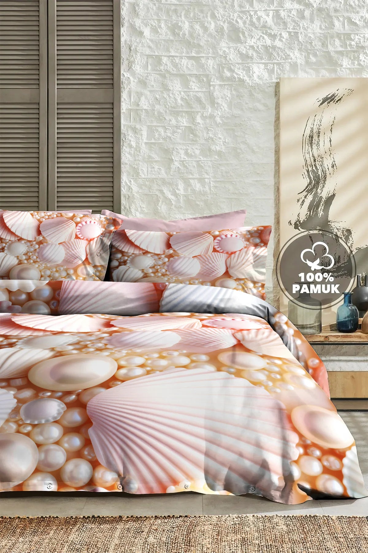 %100 Pamuk Percale Çeyizlik Luxury 5D Dijital Çift Kişilik Nevresim Takımı Pearls And Shells