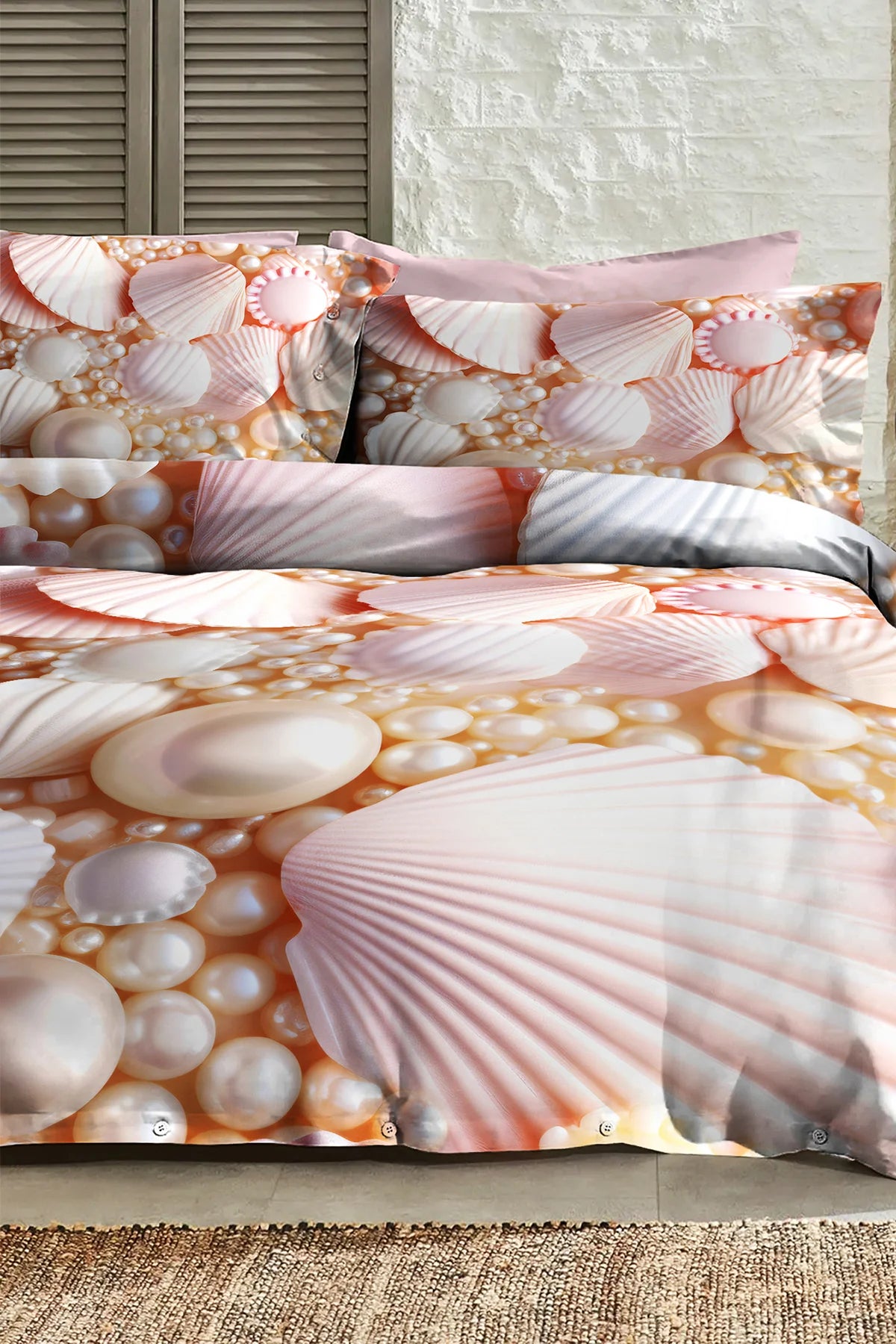 %100 Pamuk Percale Çeyizlik Luxury 5D Dijital Çift Kişilik Nevresim Takımı Pearls And Shells