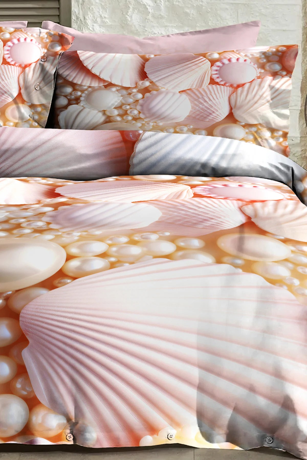 %100 Pamuk Percale Çeyizlik Luxury 5D Dijital Çift Kişilik Nevresim Takımı Pearls And Shells