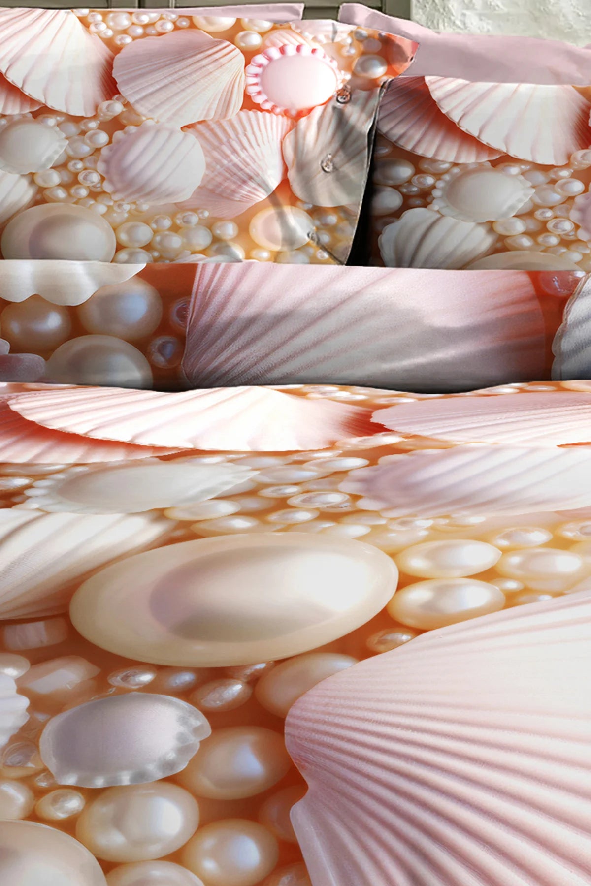 %100 Pamuk Percale Çeyizlik Luxury 5D Dijital Çift Kişilik Nevresim Takımı Pearls And Shells