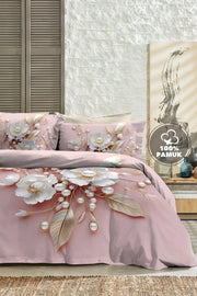 %100 Pamuk Percale Çeyizlik Luxury 5D Dijital Çift Kişilik Nevresim Takımı Pink Pearls