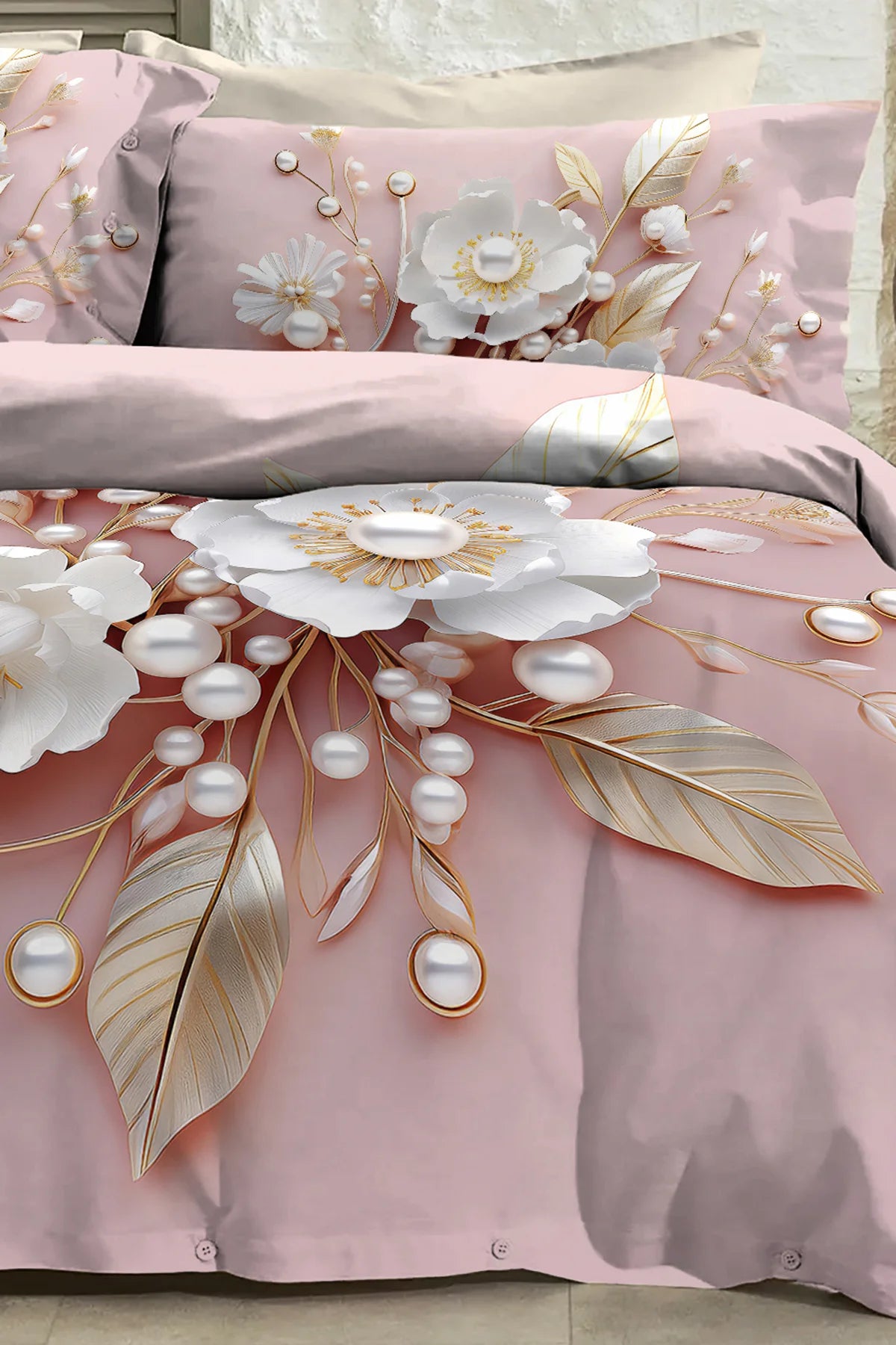 %100 Pamuk Percale Çeyizlik Luxury 5D Dijital Çift Kişilik Nevresim Takımı Pink Pearls