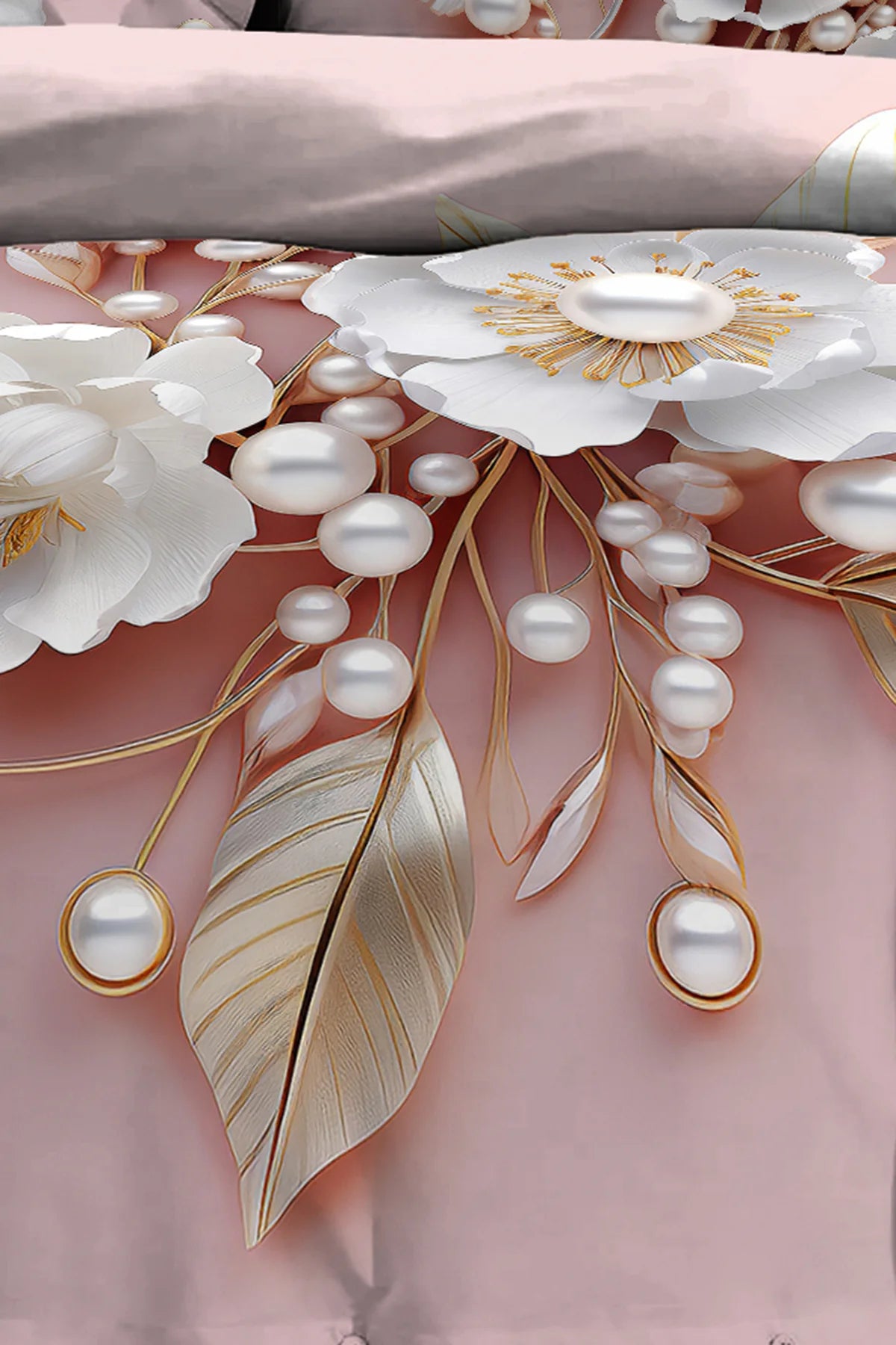 %100 Pamuk Percale Çeyizlik Luxury 5D Dijital Çift Kişilik Nevresim Takımı Pink Pearls
