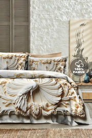 %100 Pamuk Percale Çeyizlik Luxury 5D Dijital Çift Kişilik Nevresim Takımı Royal Peacock