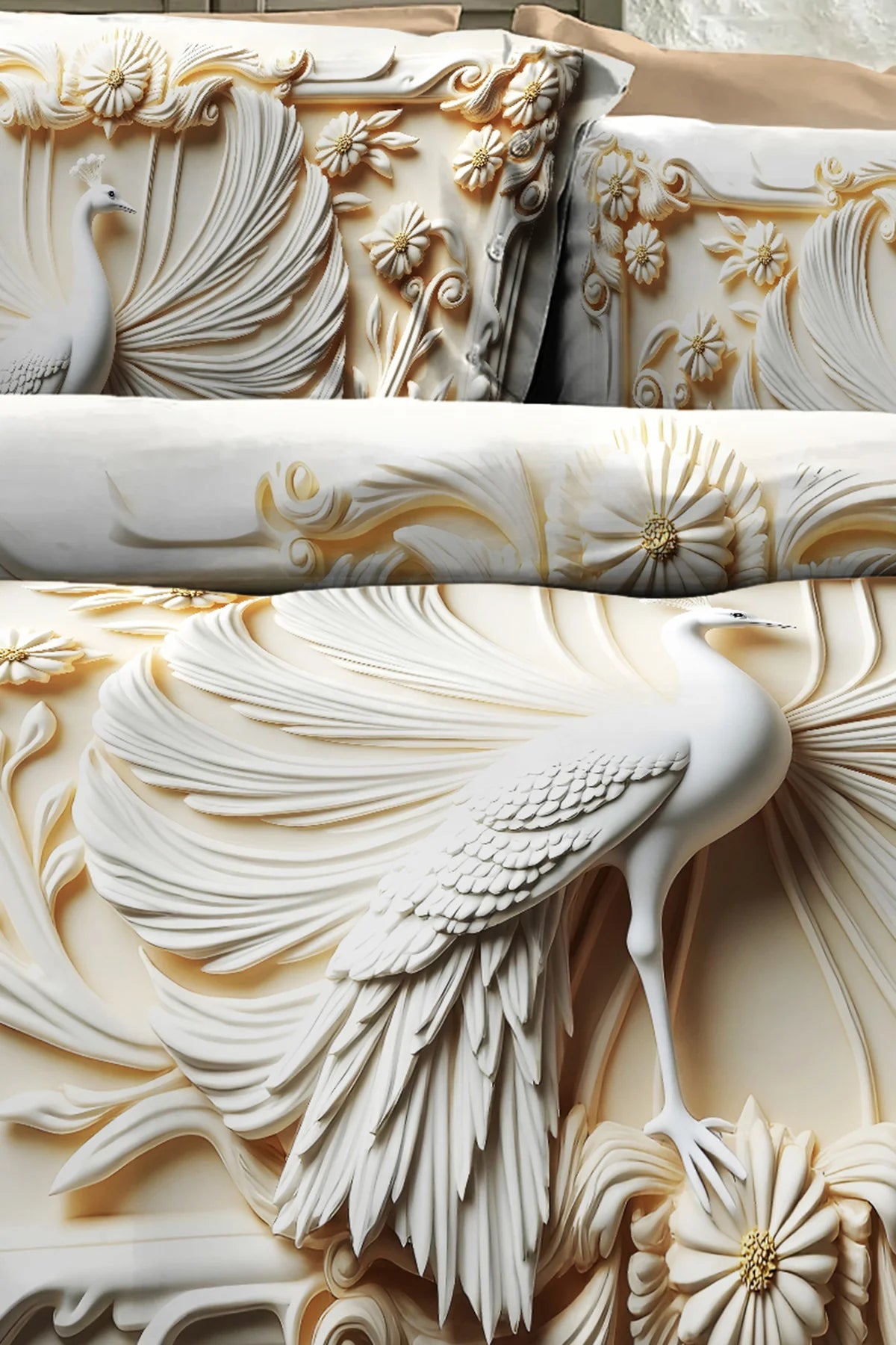 %100 Pamuk Percale Çeyizlik Luxury 5D Dijital Çift Kişilik Nevresim Takımı Royal Peacock