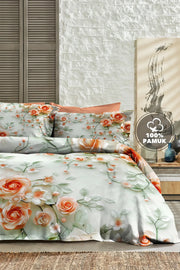 %100 Pamuk Percale Çeyizlik Luxury 5D Dijital Çift Kişilik Nevresim Takımı Salmon Flowers