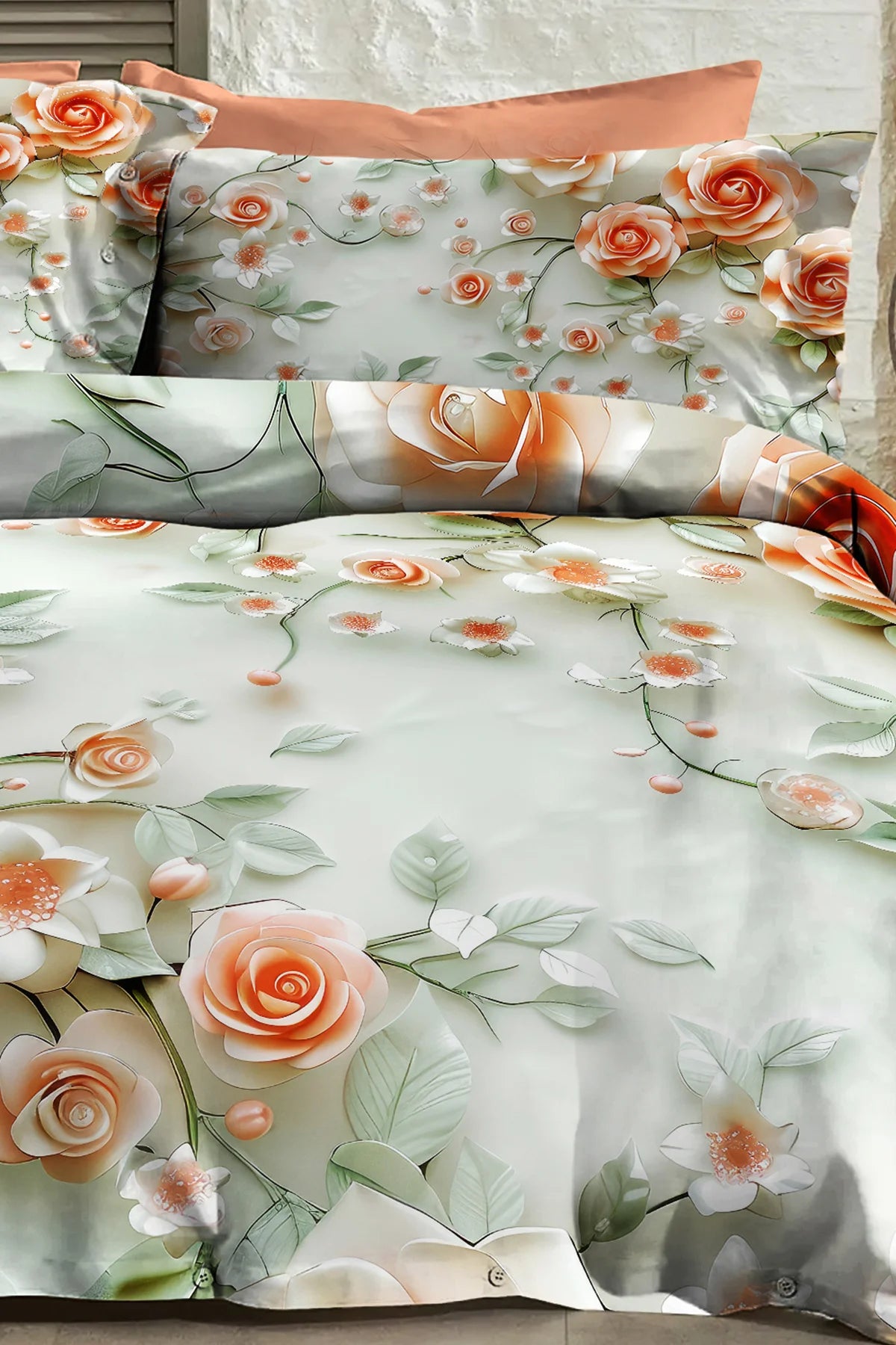 %100 Pamuk Percale Çeyizlik Luxury 5D Dijital Çift Kişilik Nevresim Takımı Salmon Flowers