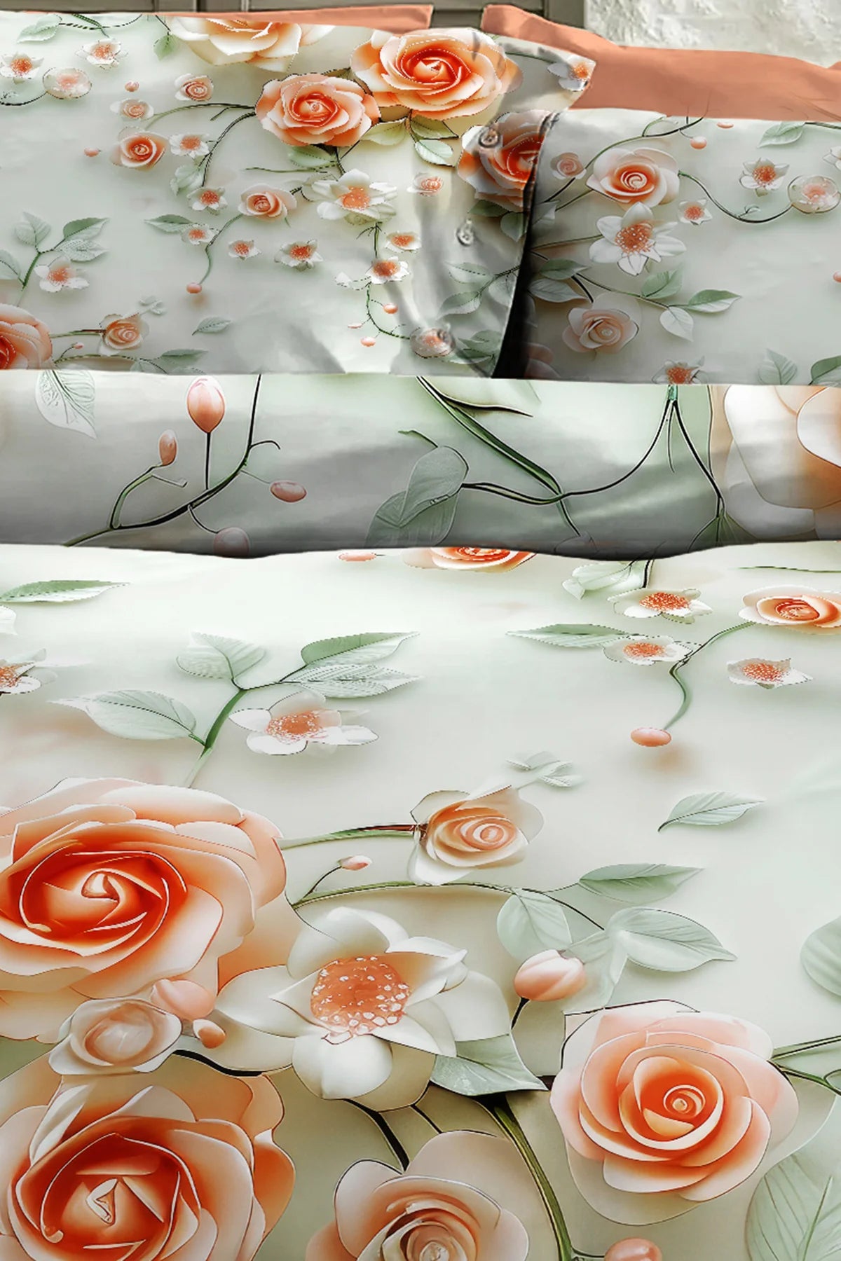 %100 Pamuk Percale Çeyizlik Luxury 5D Dijital Çift Kişilik Nevresim Takımı Salmon Flowers