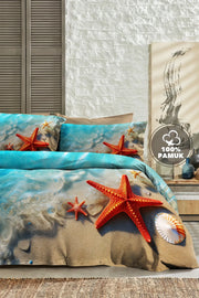 %100 Pamuk Percale Çeyizlik Luxury 5D Dijital Çift Kişilik Nevresim Takımı Sea Stars