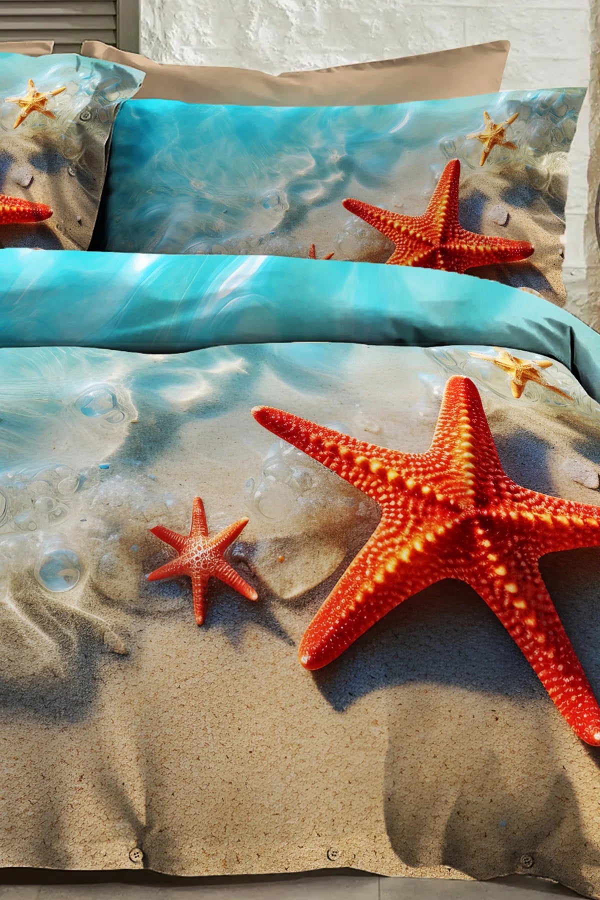 %100 Pamuk Percale Çeyizlik Luxury 5D Dijital Çift Kişilik Nevresim Takımı Sea Stars