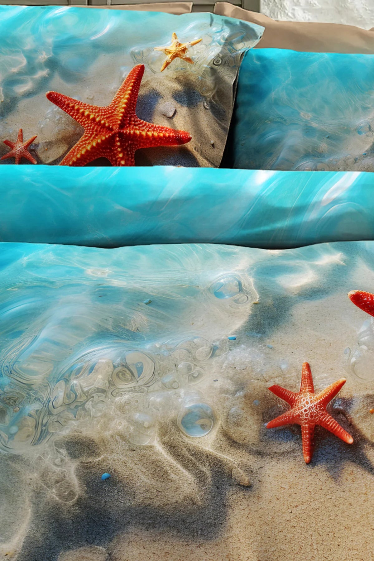 %100 Pamuk Percale Çeyizlik Luxury 5D Dijital Çift Kişilik Nevresim Takımı Sea Stars