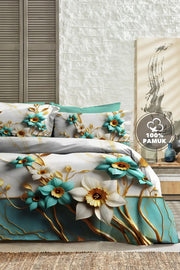 %100 Pamuk Percale Çeyizlik Luxury 5D Dijital Çift Kişilik Nevresim Takımı Turkuaz