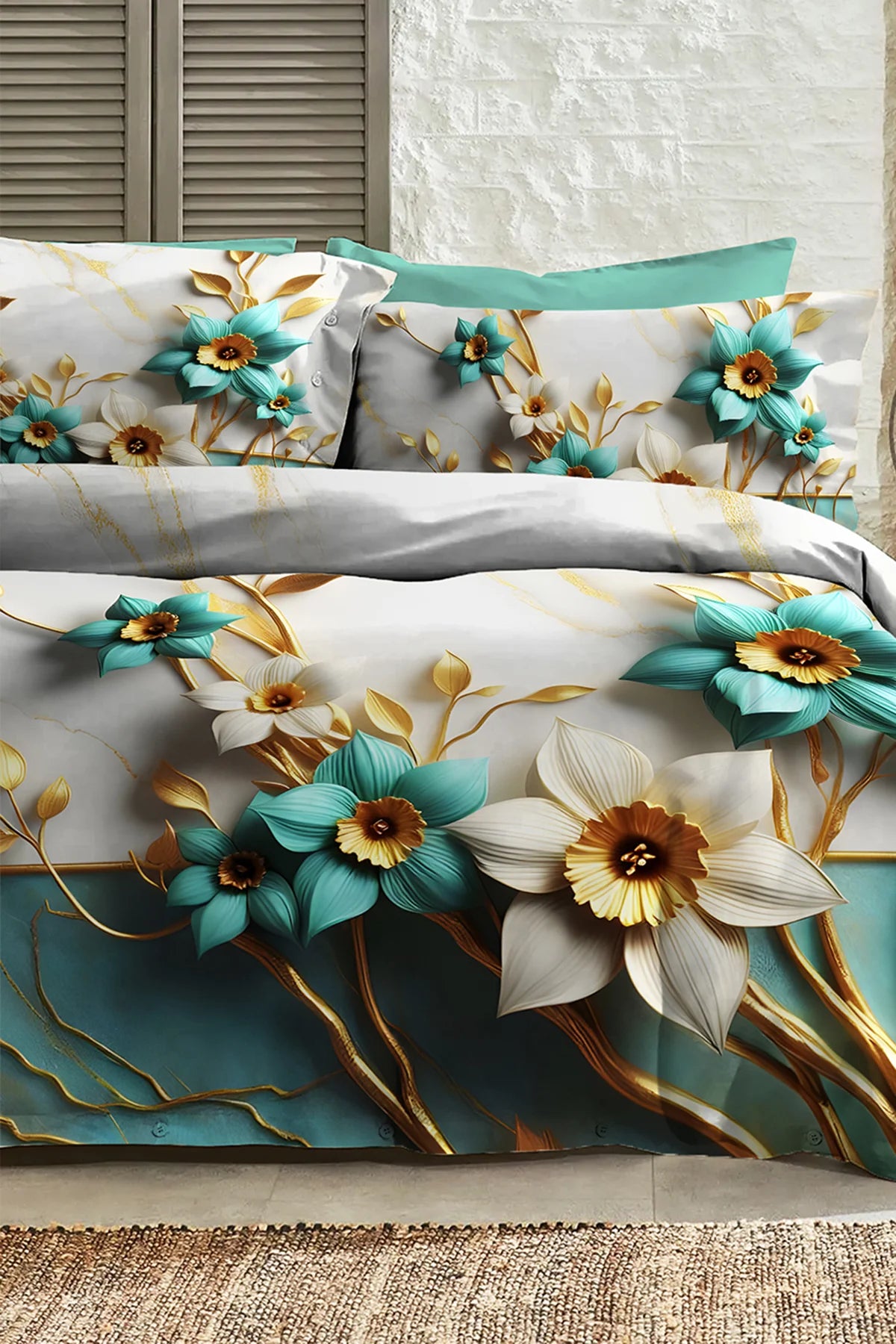 %100 Pamuk Percale Çeyizlik Luxury 5D Dijital Çift Kişilik Nevresim Takımı Turkuaz