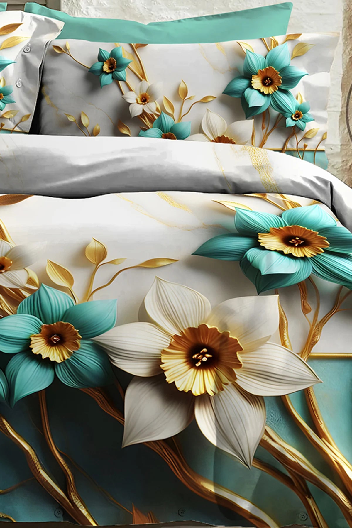 %100 Pamuk Percale Çeyizlik Luxury 5D Dijital Çift Kişilik Nevresim Takımı Turkuaz
