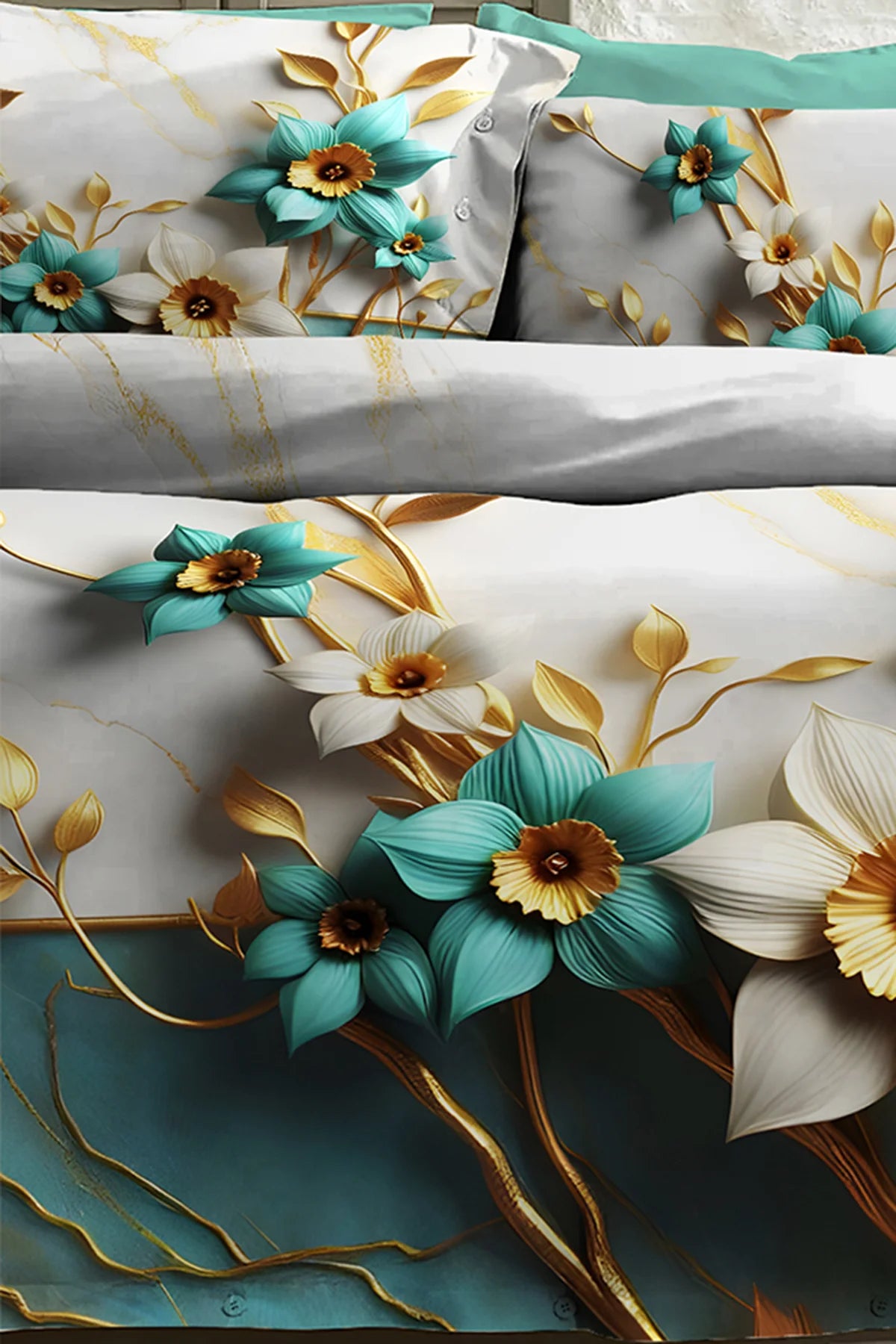 %100 Pamuk Percale Çeyizlik Luxury 5D Dijital Çift Kişilik Nevresim Takımı Turkuaz