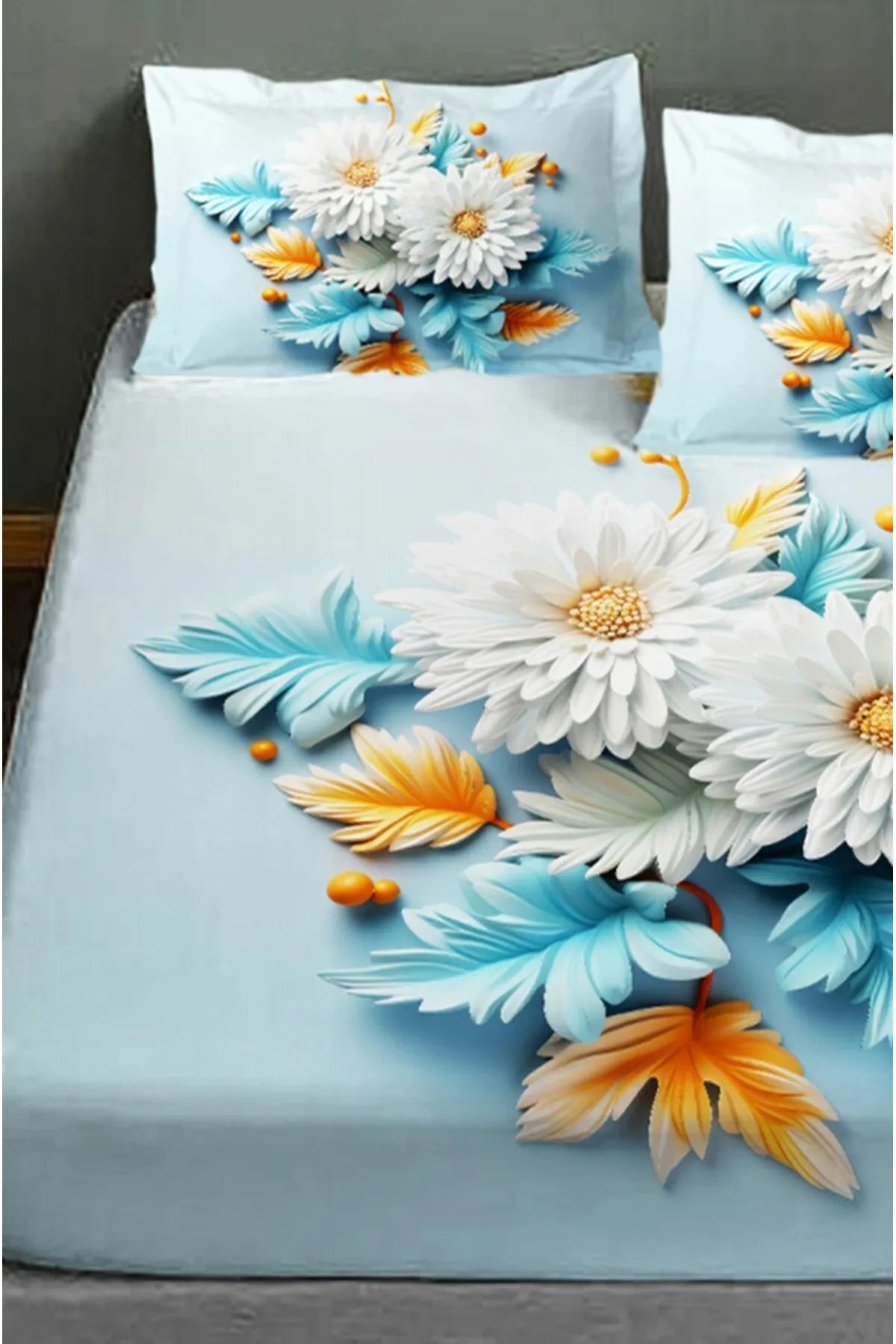 %100 Pamuk Lastikli Çarşaf Özel Tasarım 5D Dijital 60 Tel Buket