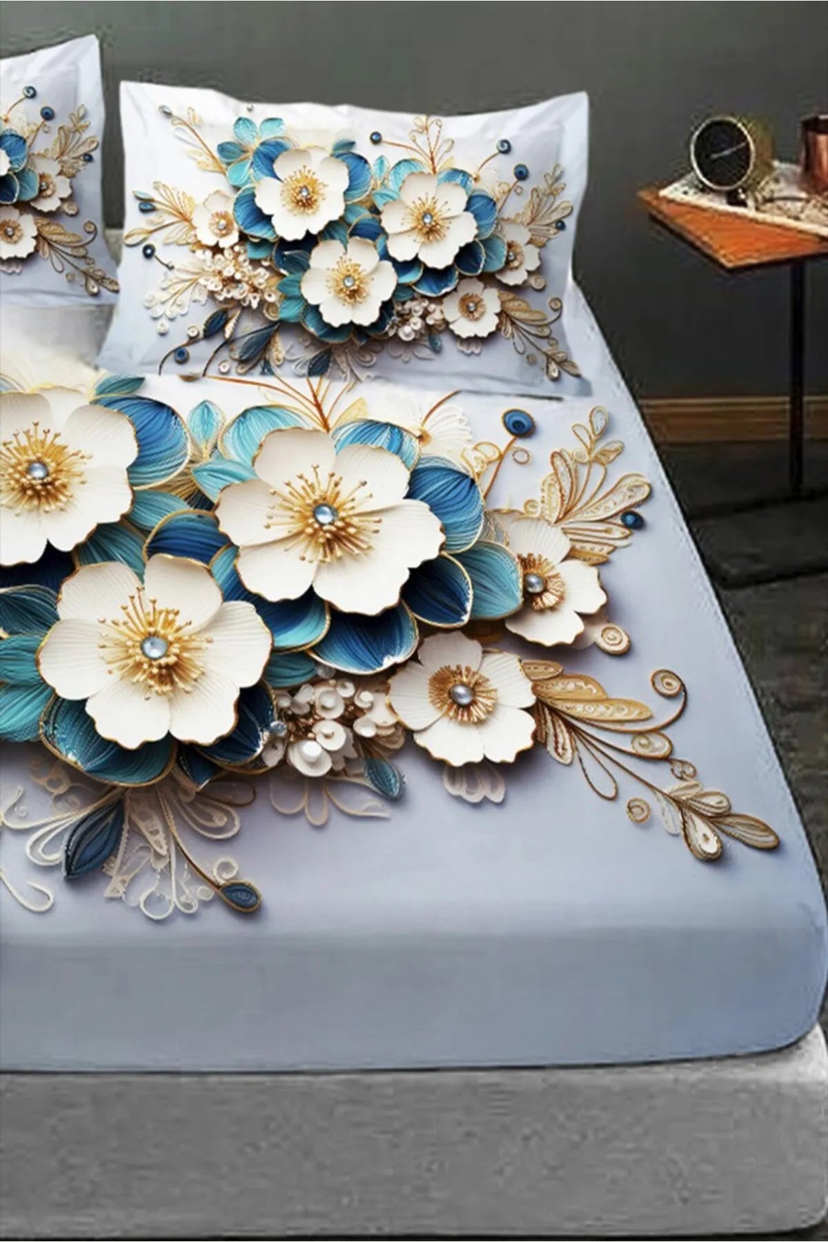 %100 Pamuk Lastikli Çarşaf Özel Tasarım 5D Dijital 60 Tel Diamond