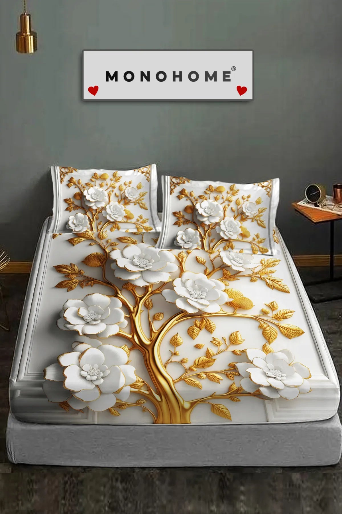 %100 Pamuk Lastikli Çarşaf Özel Tasarım 5D Dijital 60 Tel Dore