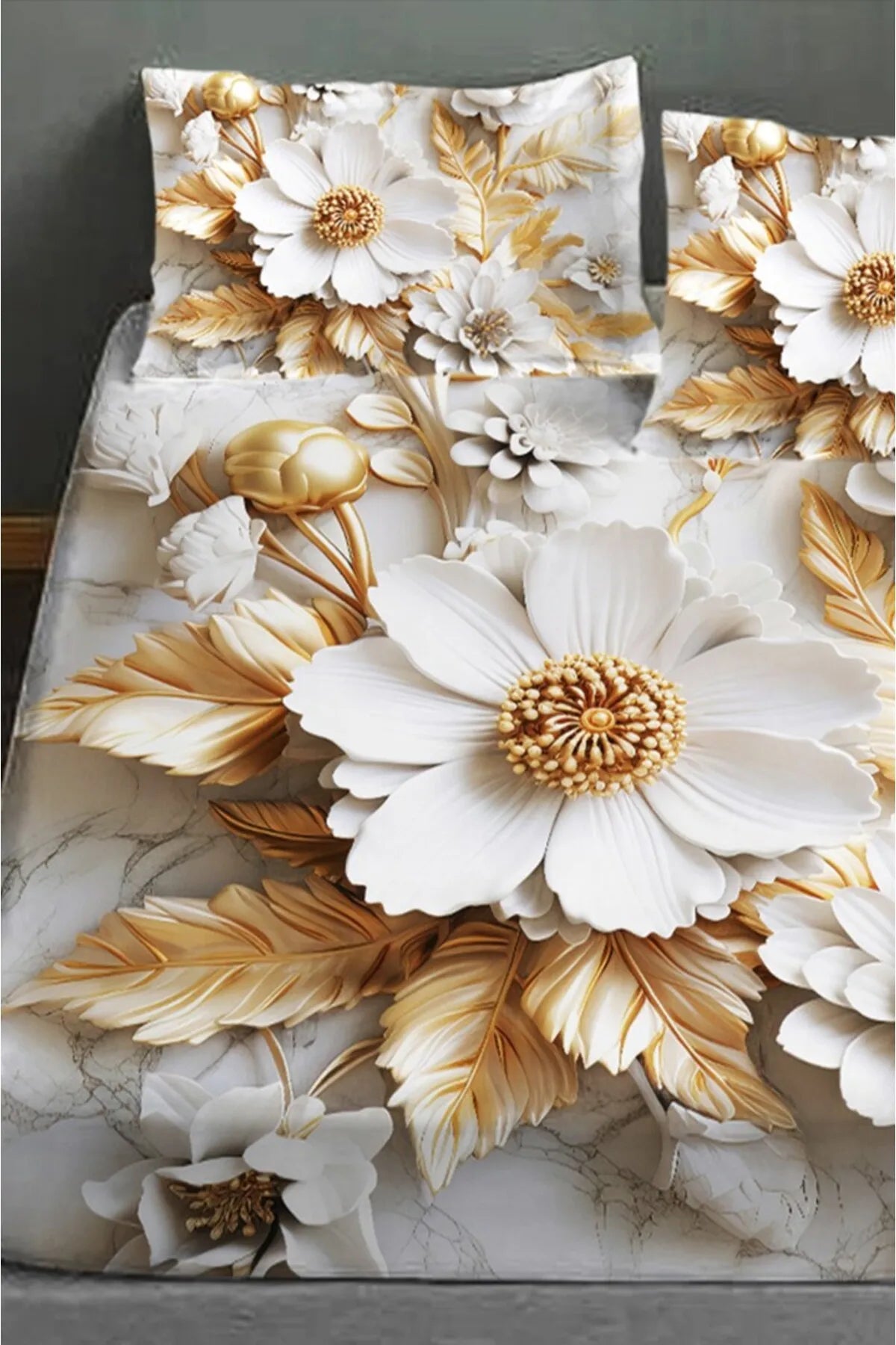 %100 Pamuk Lastikli Çarşaf Özel Tasarım 5D Dijital 60 Tel Gold Rose