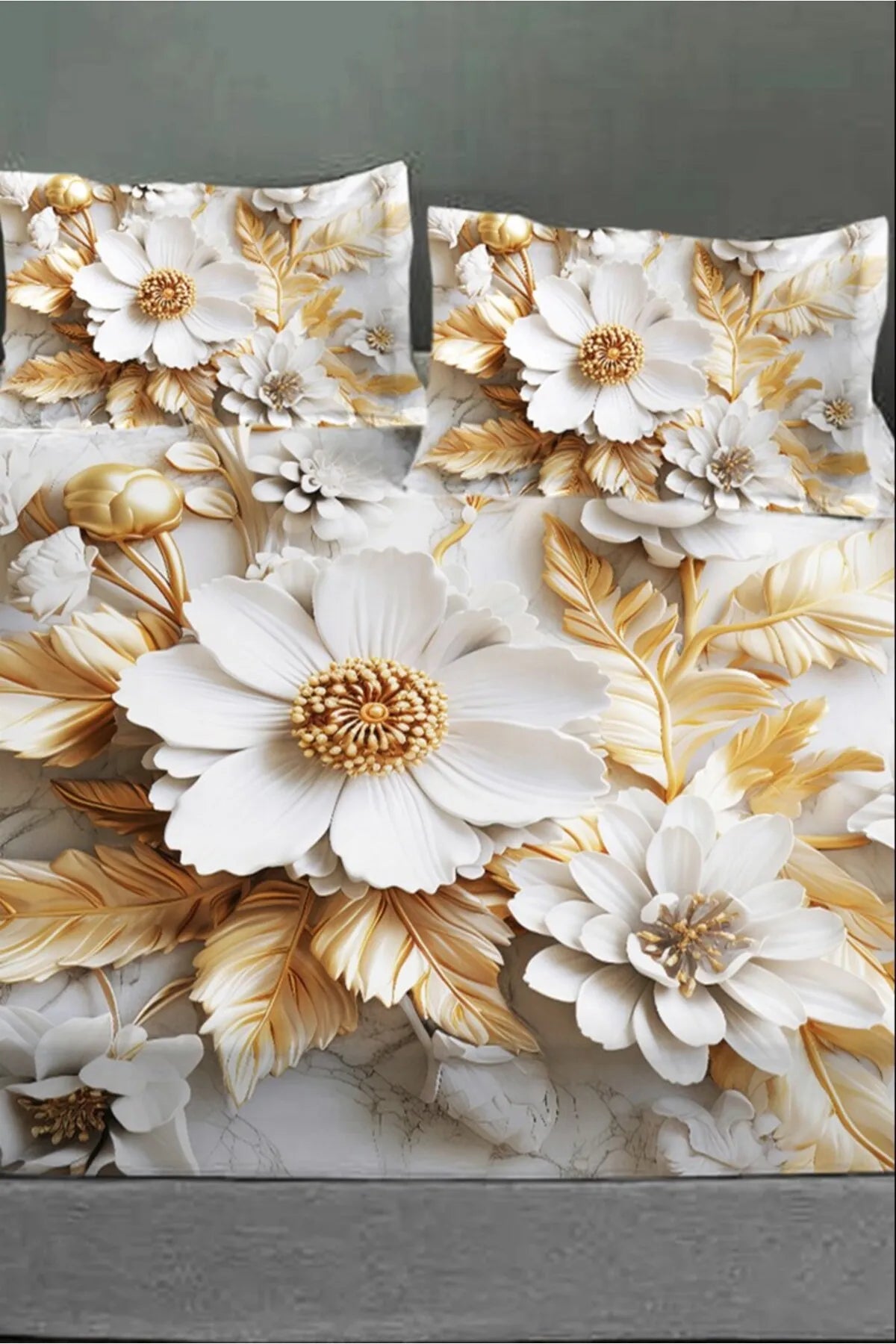 %100 Pamuk Lastikli Çarşaf Özel Tasarım 5D Dijital 60 Tel Gold Rose