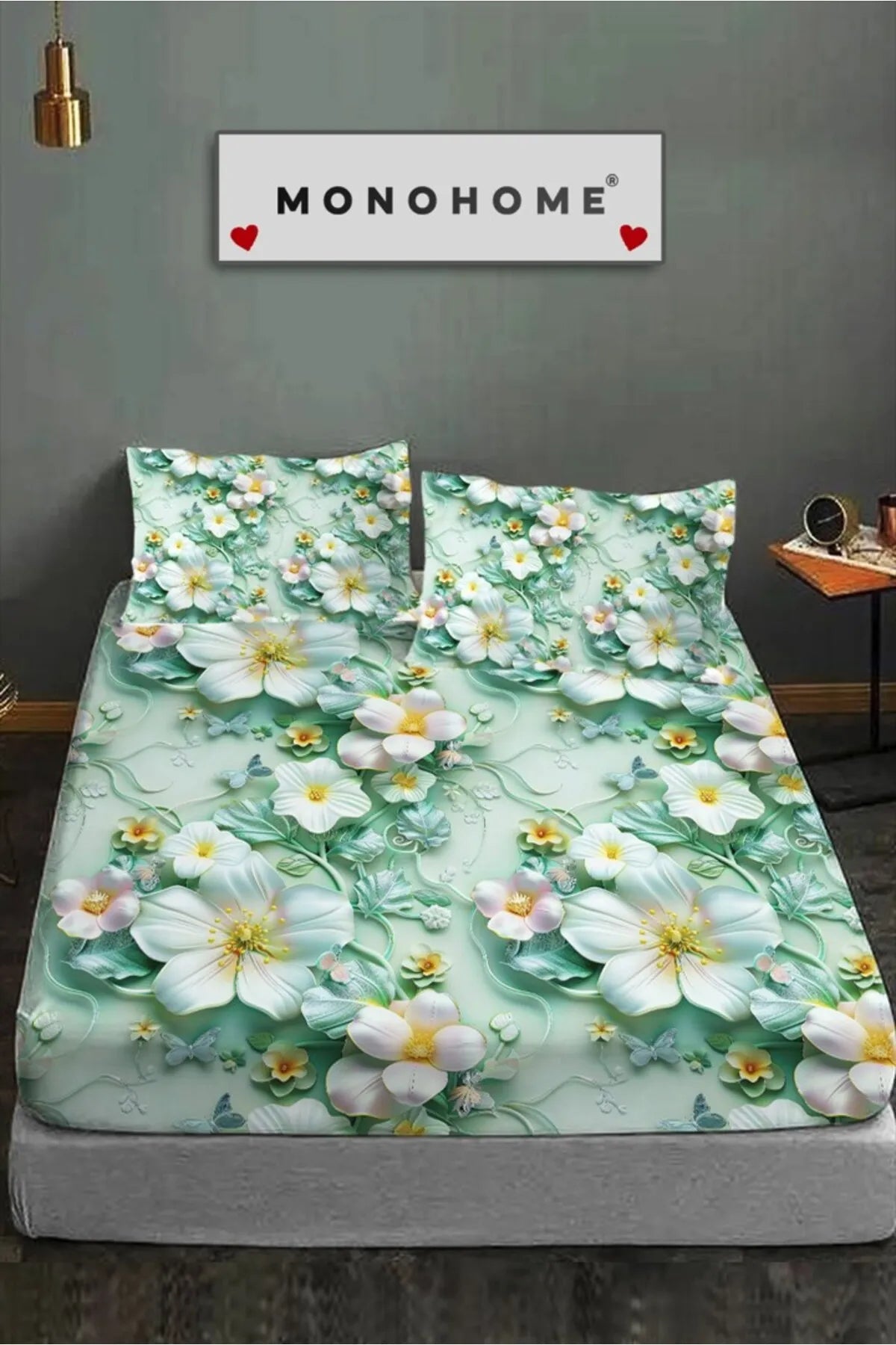 %100 Pamuk Lastikli Çarşaf Özel Tasarım 5D Dijital 60 Tel Green