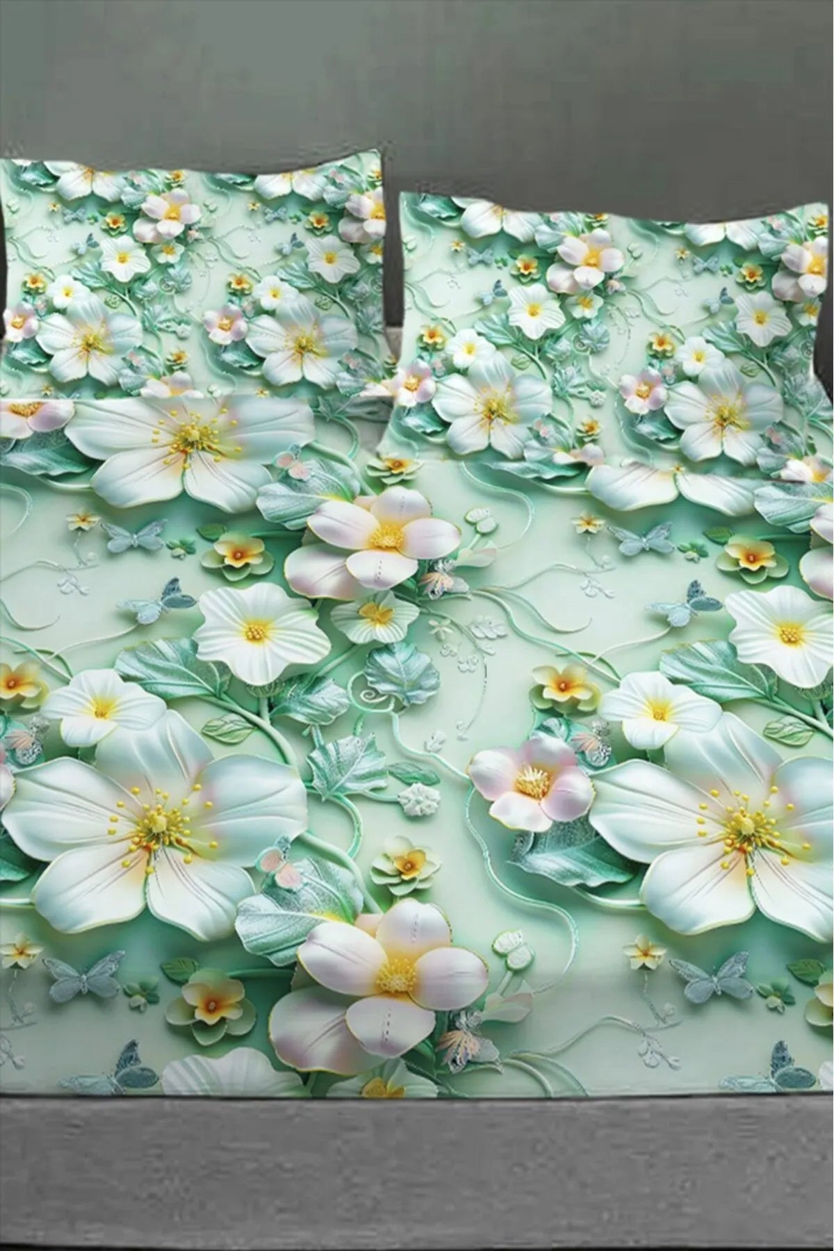 %100 Pamuk Lastikli Çarşaf Özel Tasarım 5D Dijital 60 Tel Green