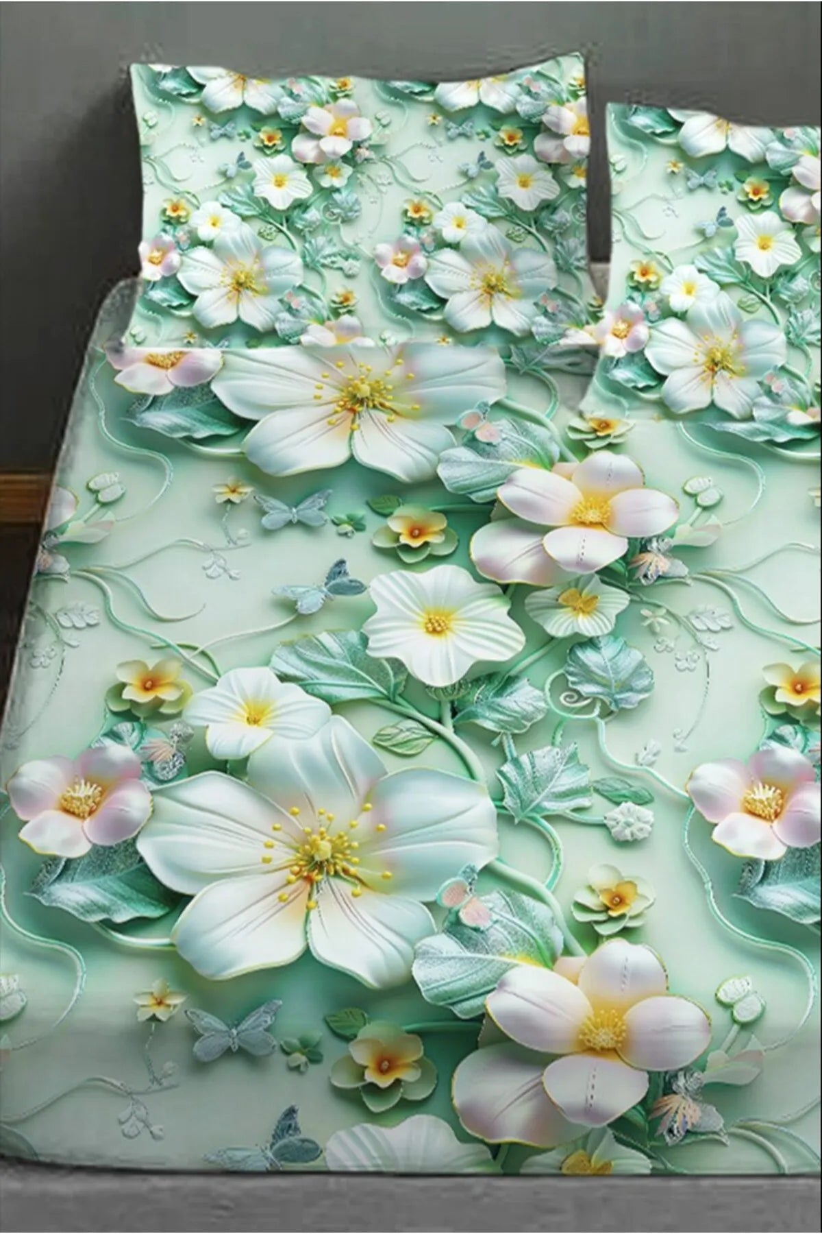 %100 Pamuk Lastikli Çarşaf Özel Tasarım 5D Dijital 60 Tel Green