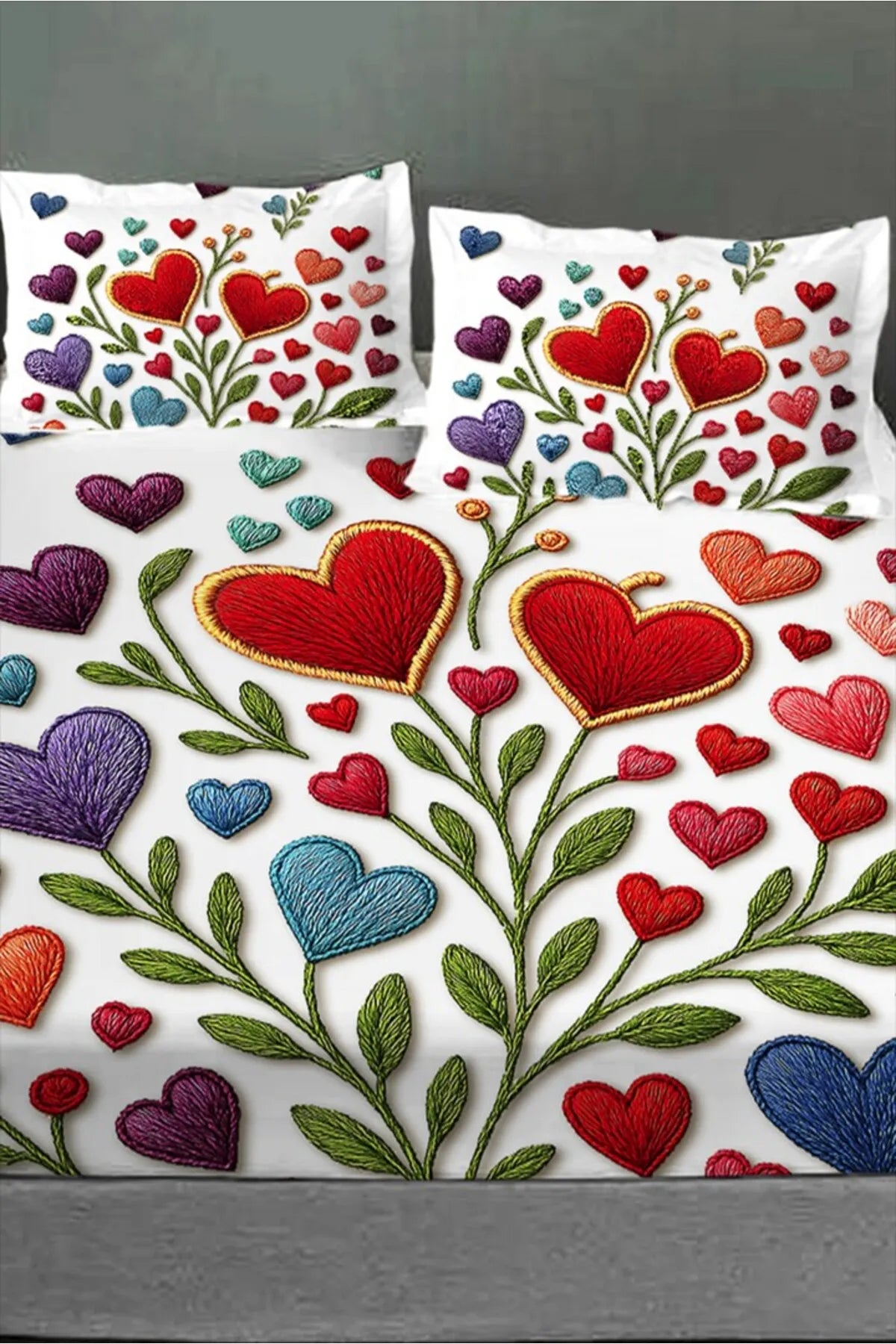 %100 Pamuk Lastikli Çarşaf Özel Tasarım 5D Dijital 60 Tel Kalplı Nakkaş