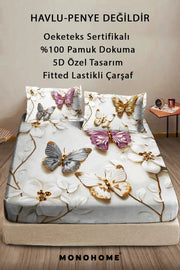%100 Pamuk Lastikli Çarşaf Özel Tasarım 5D Dijital 60 Tel Kelebek