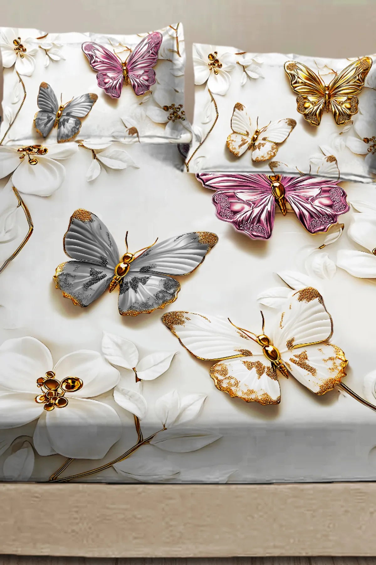 %100 Pamuk Lastikli Çarşaf Özel Tasarım 5D Dijital 60 Tel Kelebek