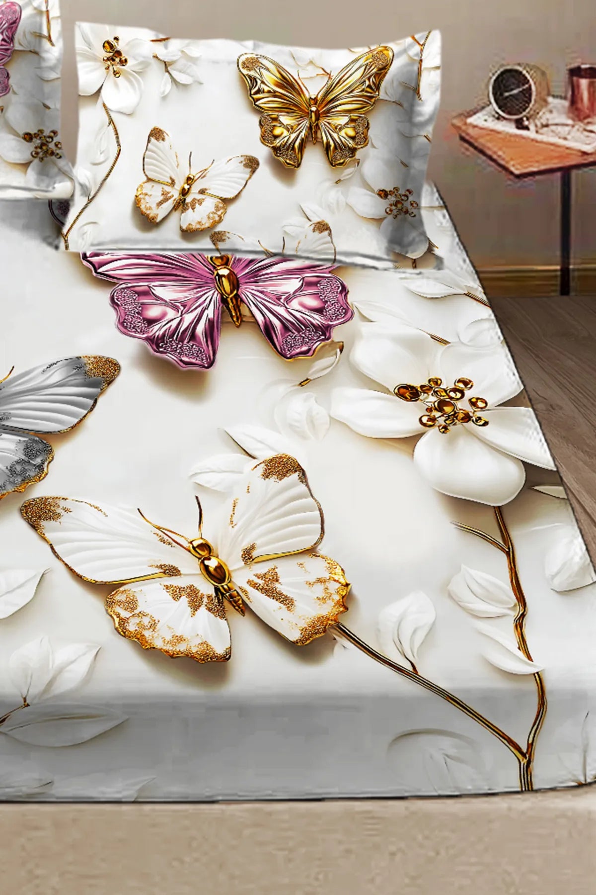 %100 Pamuk Lastikli Çarşaf Özel Tasarım 5D Dijital 60 Tel Kelebek