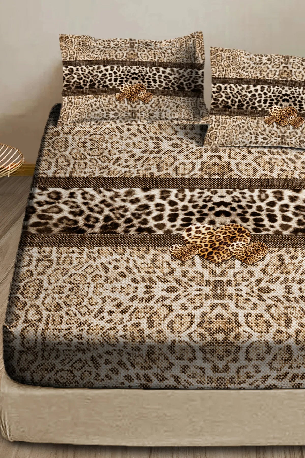 %100 Pamuk Lastikli Çarşaf Özel Tasarım 5D Dijital 60 Tell Leopard Fabric