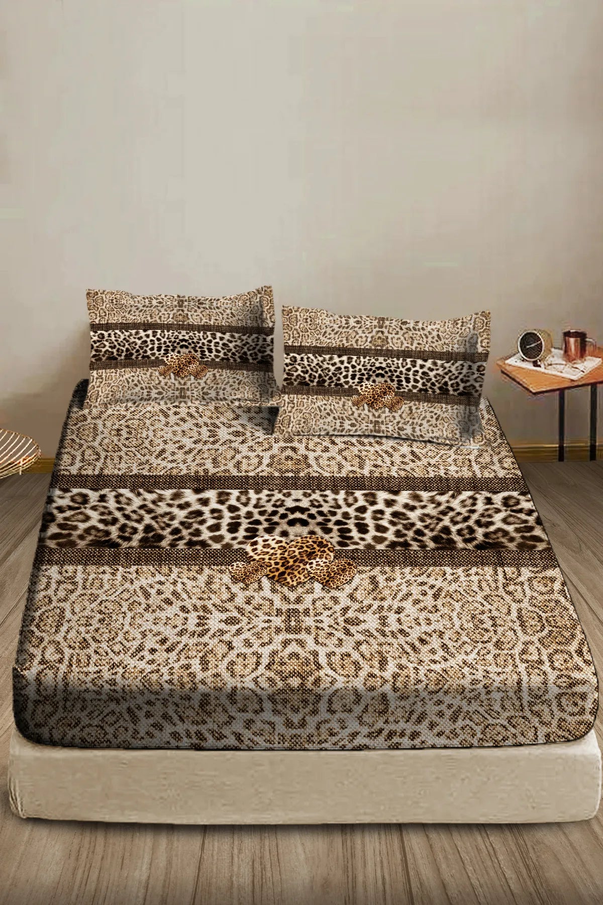 %100 Pamuk Lastikli Çarşaf Özel Tasarım 5D Dijital 60 Tell Leopard Fabric