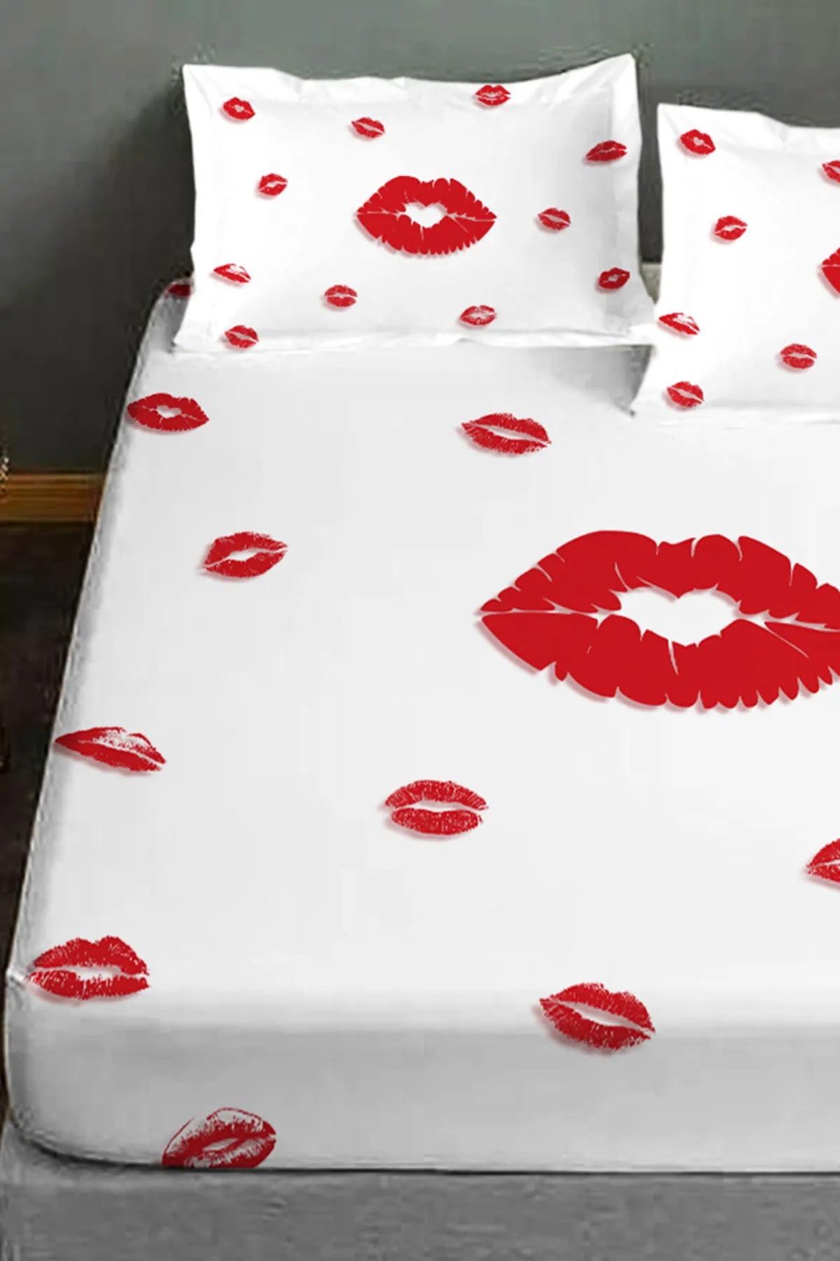 %100 Pamuk Lastikli Çarşaf Özel Tasarım 5D Dijital 60 Tell Lips