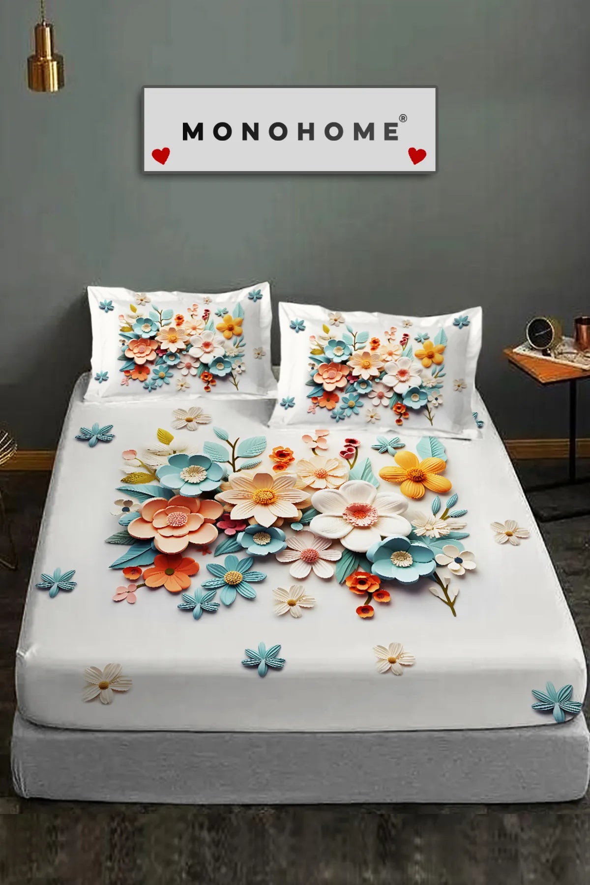 %100 Pamuk Lastikli Çarşaf Özel Tasarım 5D Dijital 60 Tel Lotus