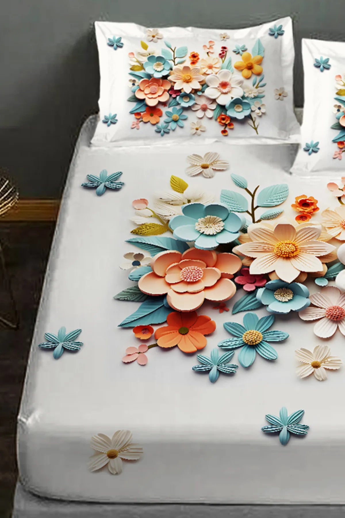 %100 Pamuk Lastikli Çarşaf Özel Tasarım 5D Dijital 60 Tel Lotus