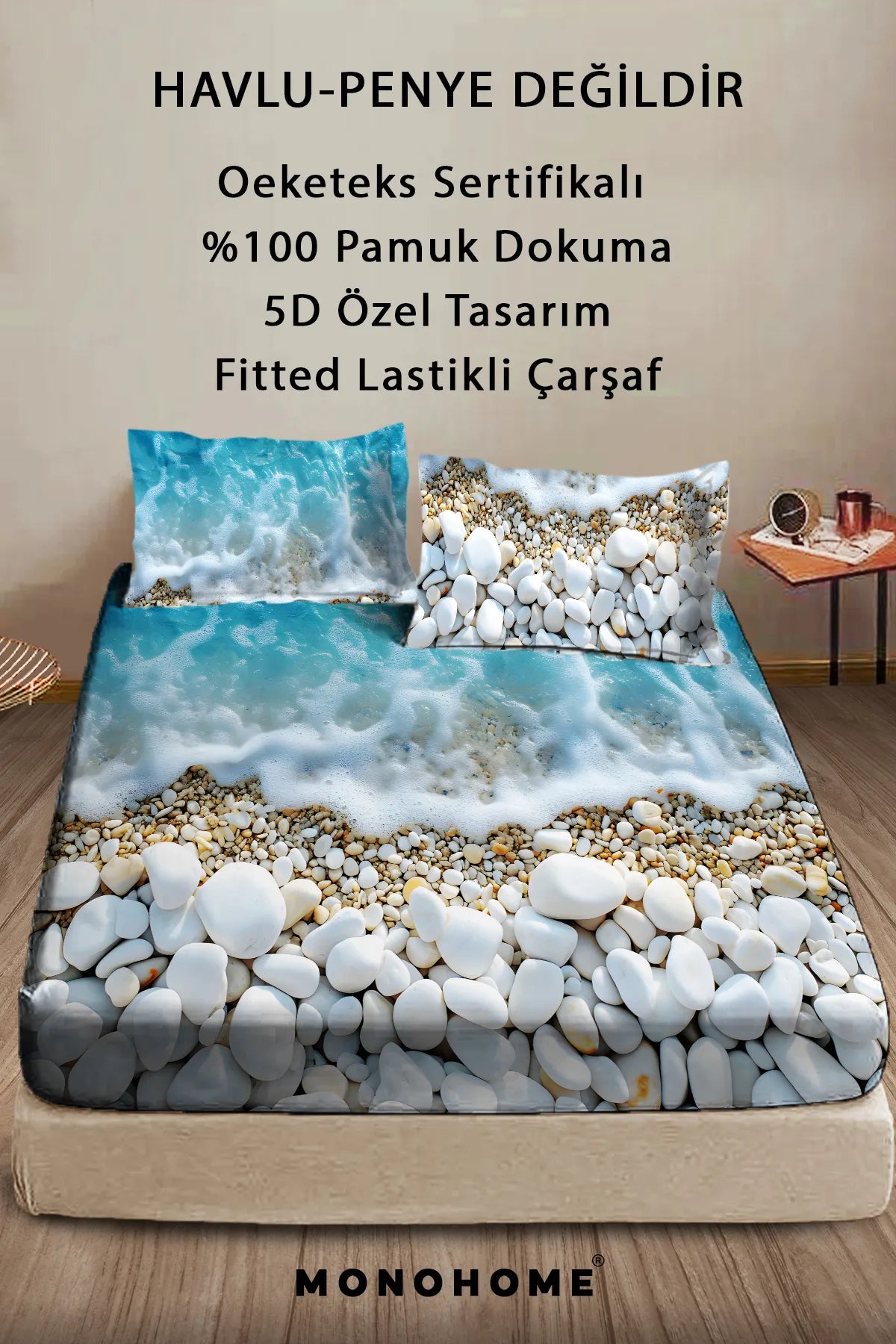 %100 Pamuk Lastikli Çarşaf Özel Tasarım 5D Dijital 60 Tell Sahil