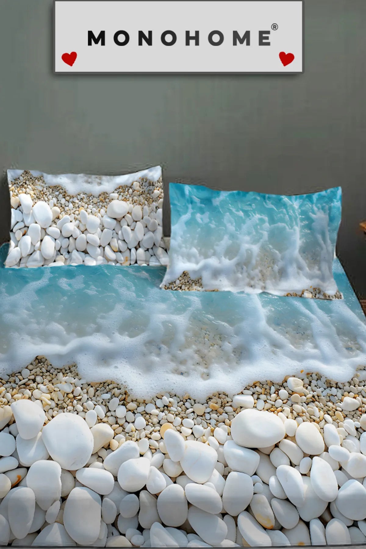 %100 Pamuk Lastikli Çarşaf Özel Tasarım 5D Dijital 60 Tell Sahil