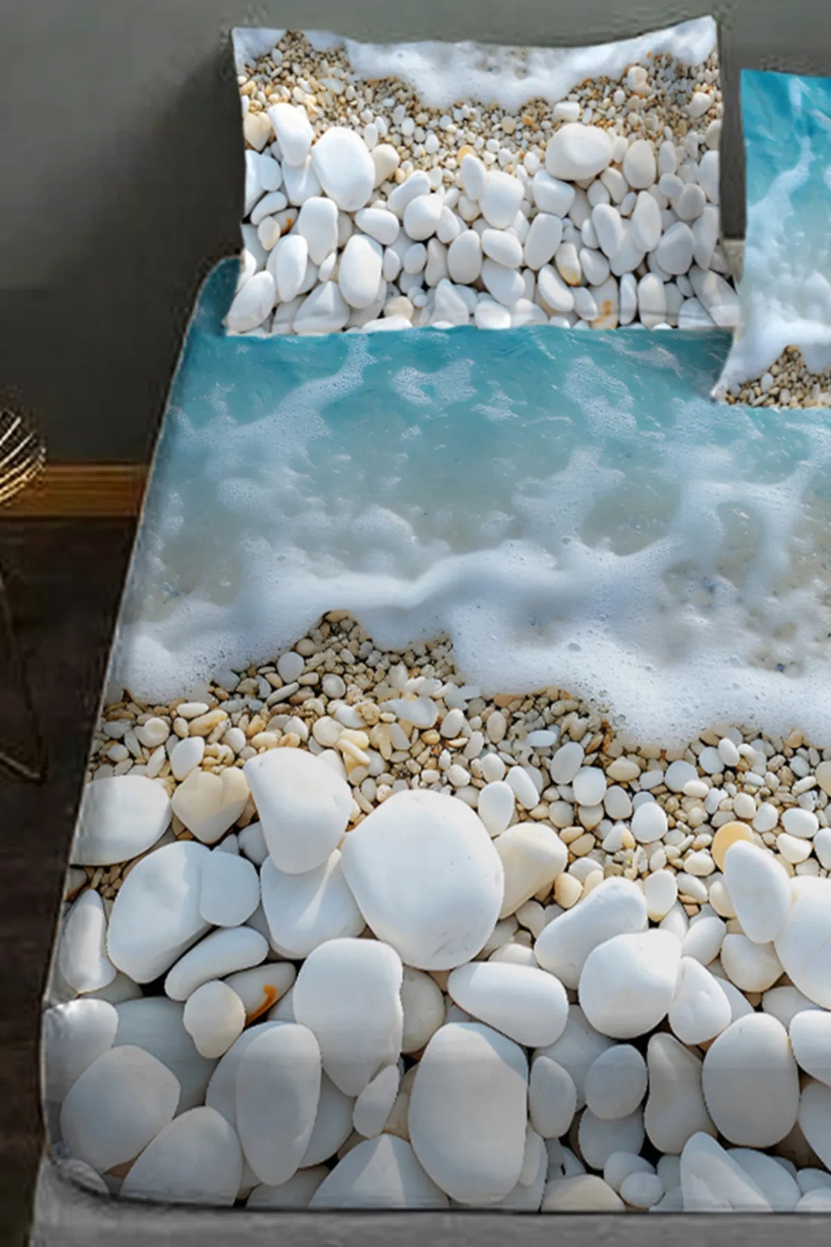 %100 Pamuk Lastikli Çarşaf Özel Tasarım 5D Dijital 60 Tell Sahil