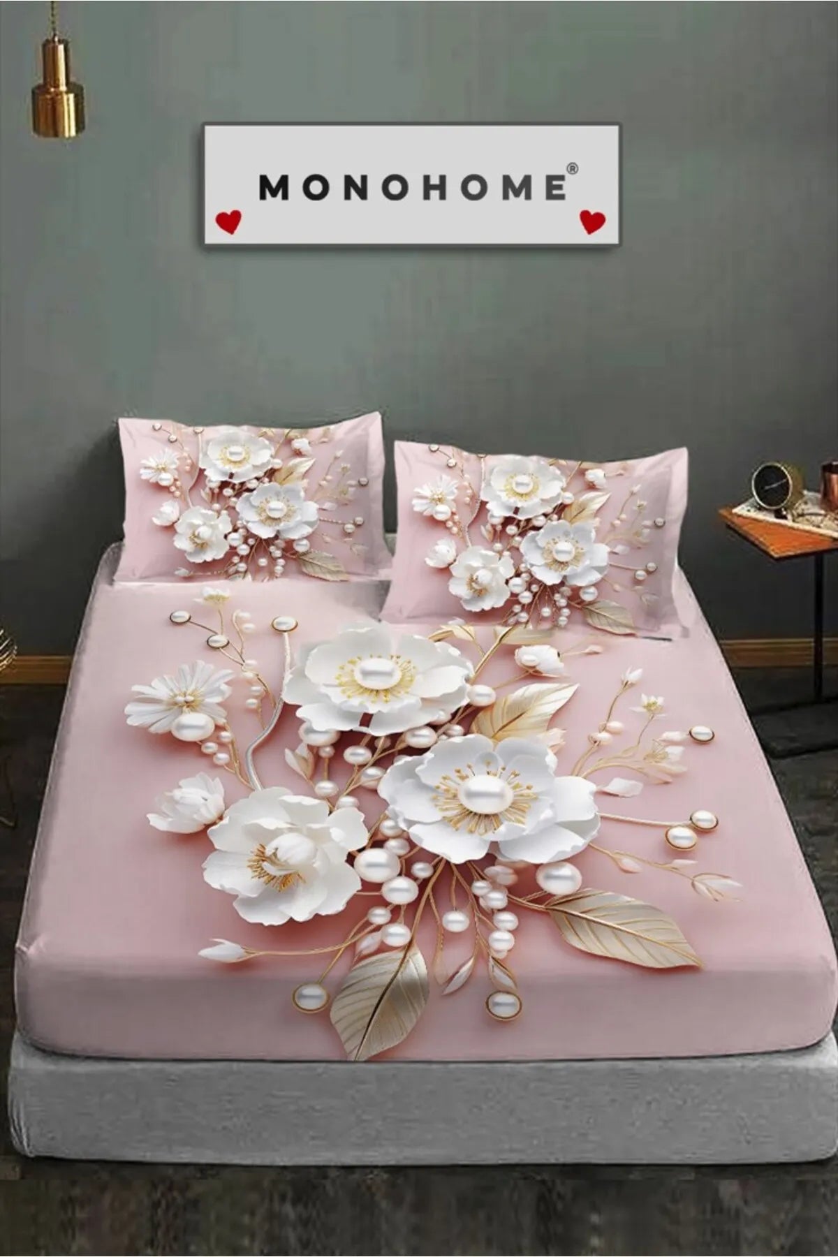 %100 Pamuk Lastikli Çarşaf Özel Tasarım 5D Dijital 60 Tel Pink Pearls