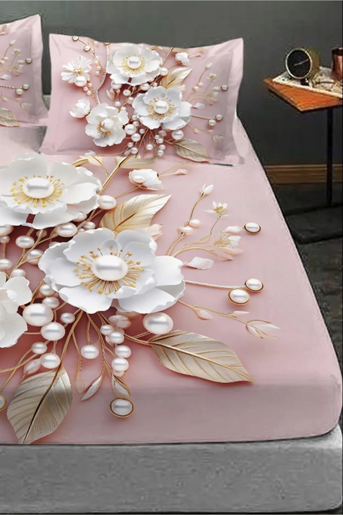 %100 Pamuk Lastikli Çarşaf Özel Tasarım 5D Dijital 60 Tel Pink Pearls