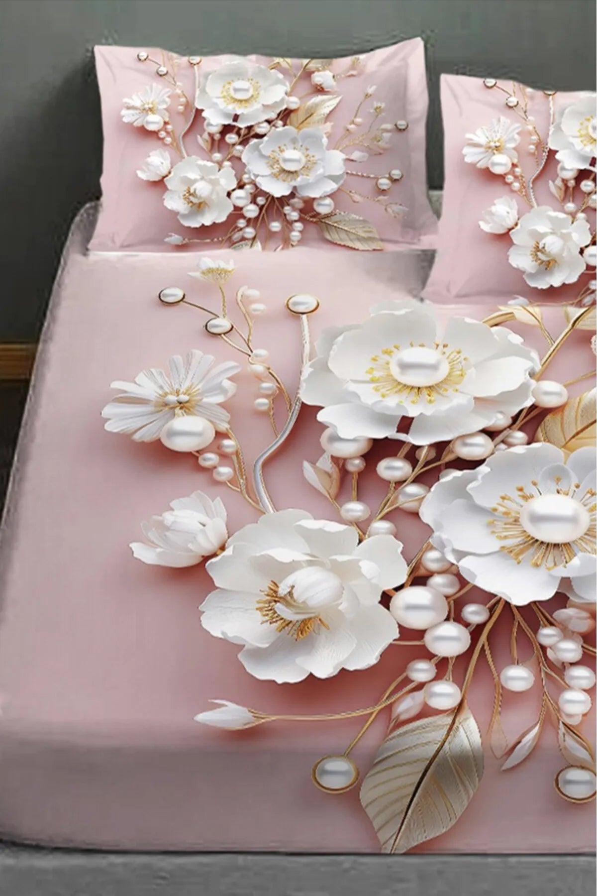 %100 Pamuk Lastikli Çarşaf Özel Tasarım 5D Dijital 60 Tel Pink Pearls