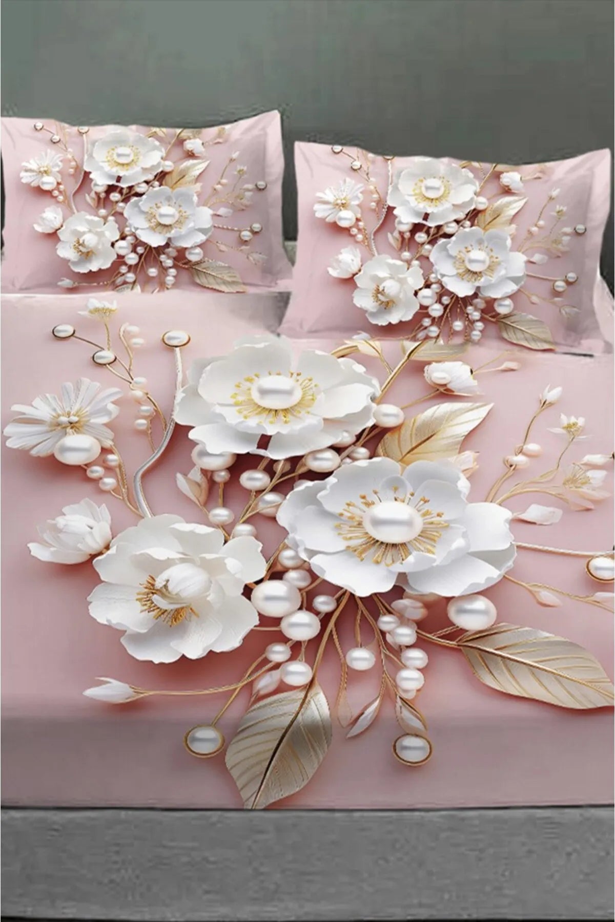 %100 Pamuk Lastikli Çarşaf Özel Tasarım 5D Dijital 60 Tel Pink Pearls