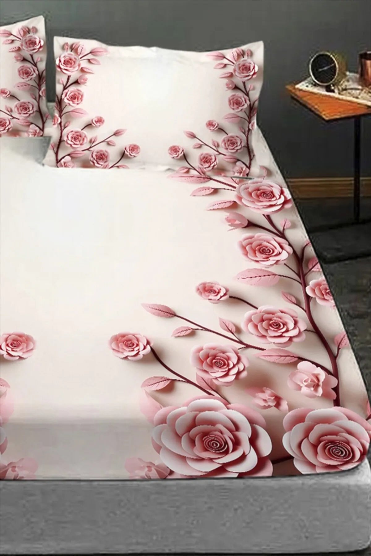 %100 Pamuk Lastikli Çarşaf Özel Tasarım 5D Dijital 60 Tel Pudra