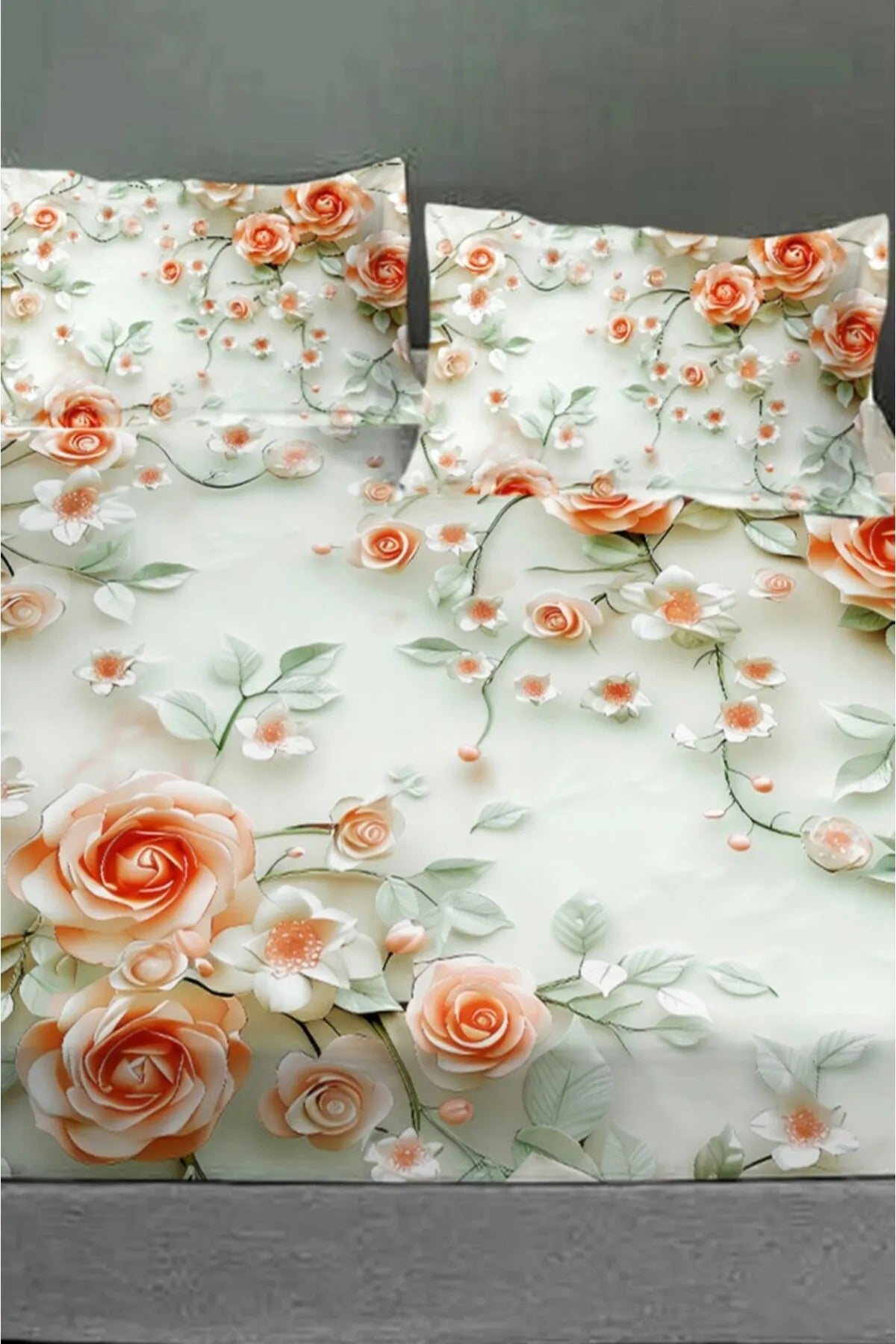 %100 Pamuk Lastikli Çarşaf Özel Tasarım 5D Dijital 60 Tel Salmon Flowers