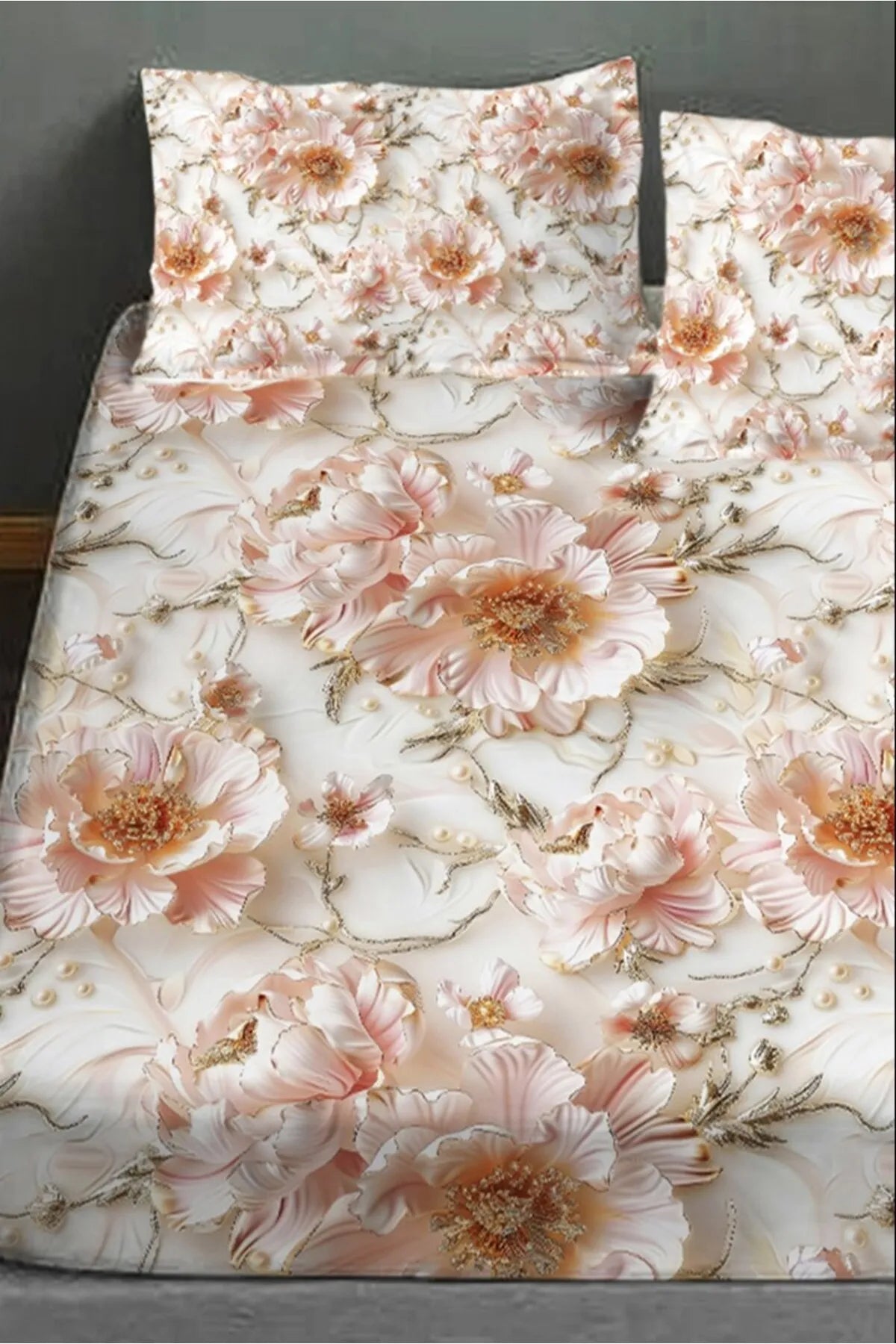 %100 Pamuk Lastikli Çarşaf Özel Tasarım 5D Dijital 60 Tel Soft Rose