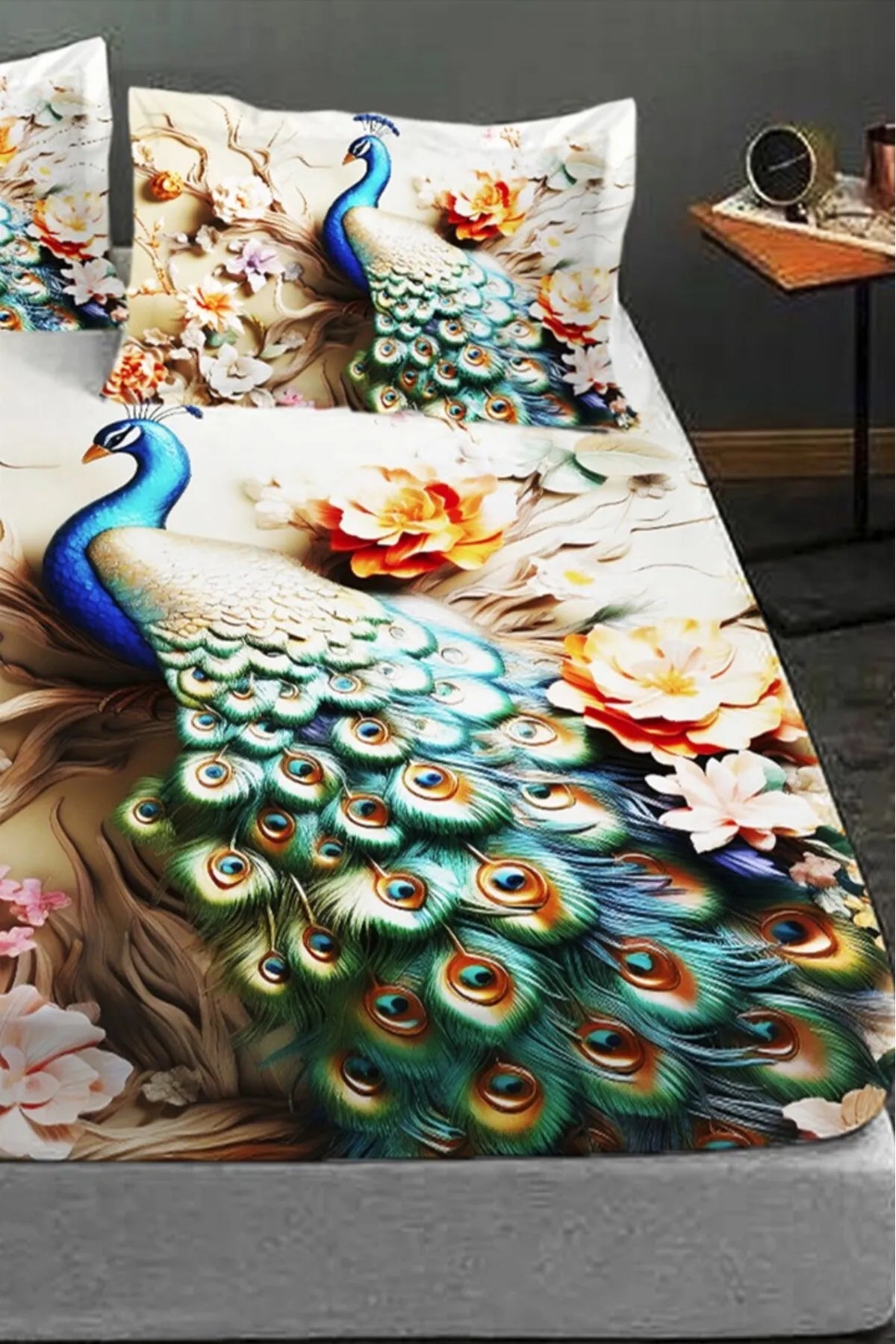 %100 Pamuk Lastikli Çarşaf Özel Tasarım 5D Dijital 60 Tel Tavus