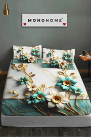 %100 Pamuk Lastikli Çarşaf Özel Tasarım 5D Dijital 60 Tel Turkuaz