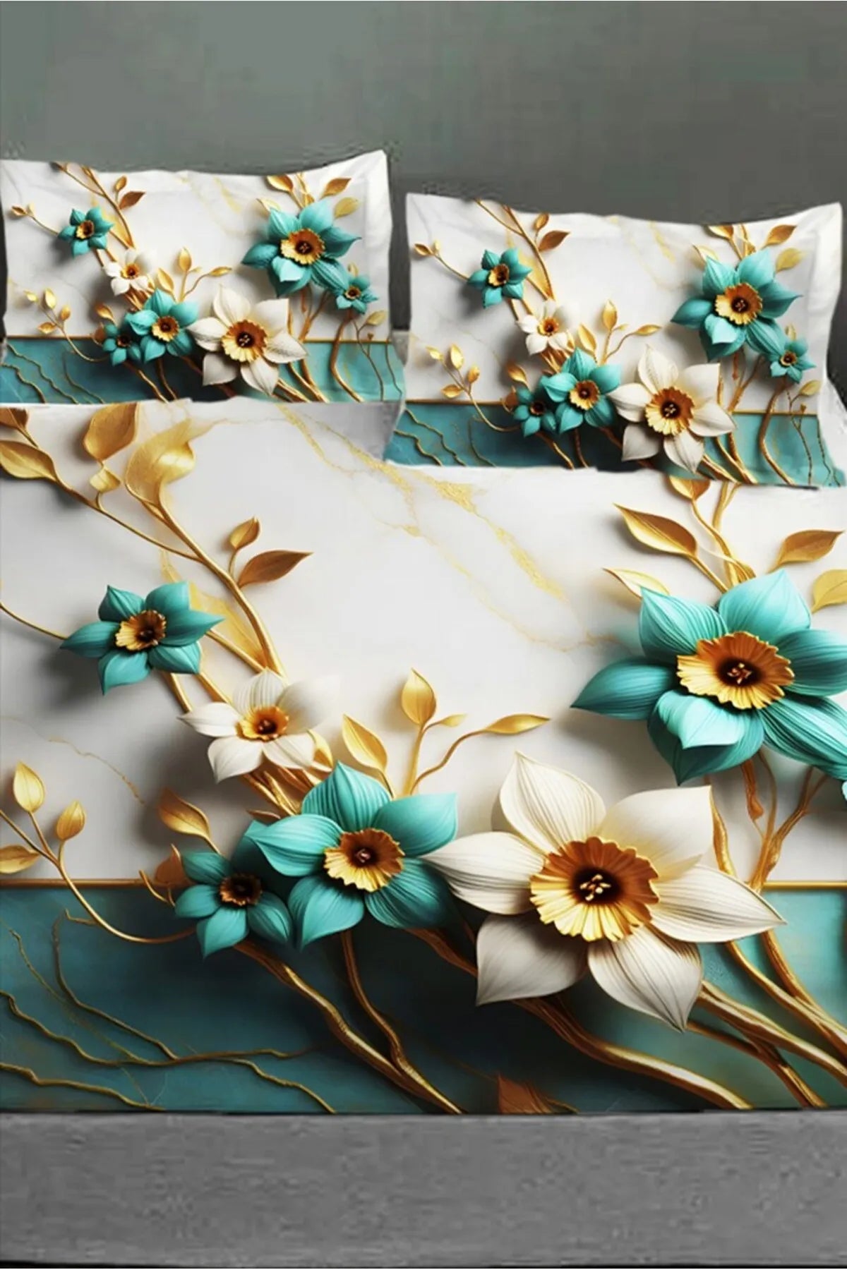 %100 Pamuk Lastikli Çarşaf Özel Tasarım 5D Dijital 60 Tel Turkuaz